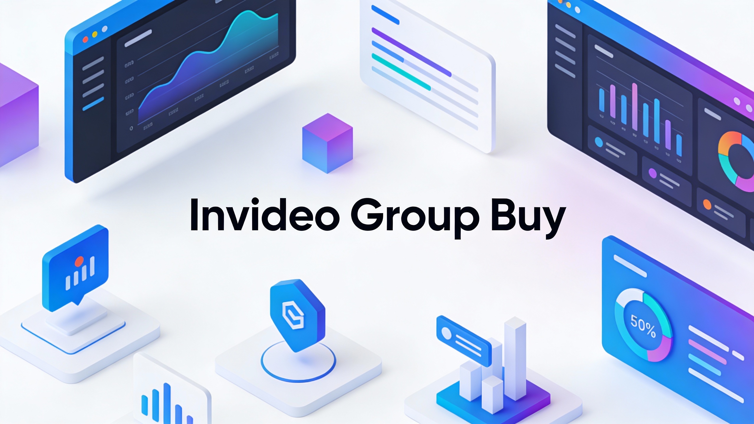 Modern tech platform interface for Invideo Group Buy with clean UI elements, data visualizations, and workflow icons. Minimalist vector style.