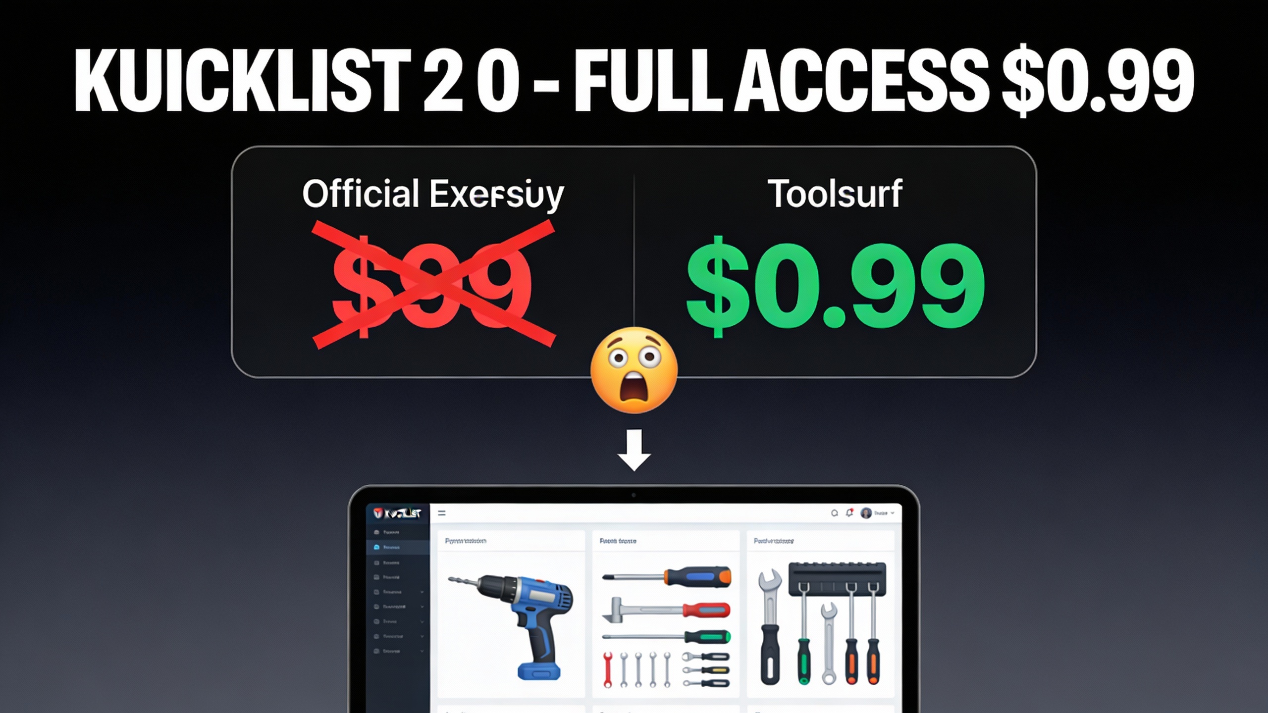 YouTube thumbnail marketing style. Bold white text "KUICKLIST 2 0 - FULL ACCESS $0.99".
Spli