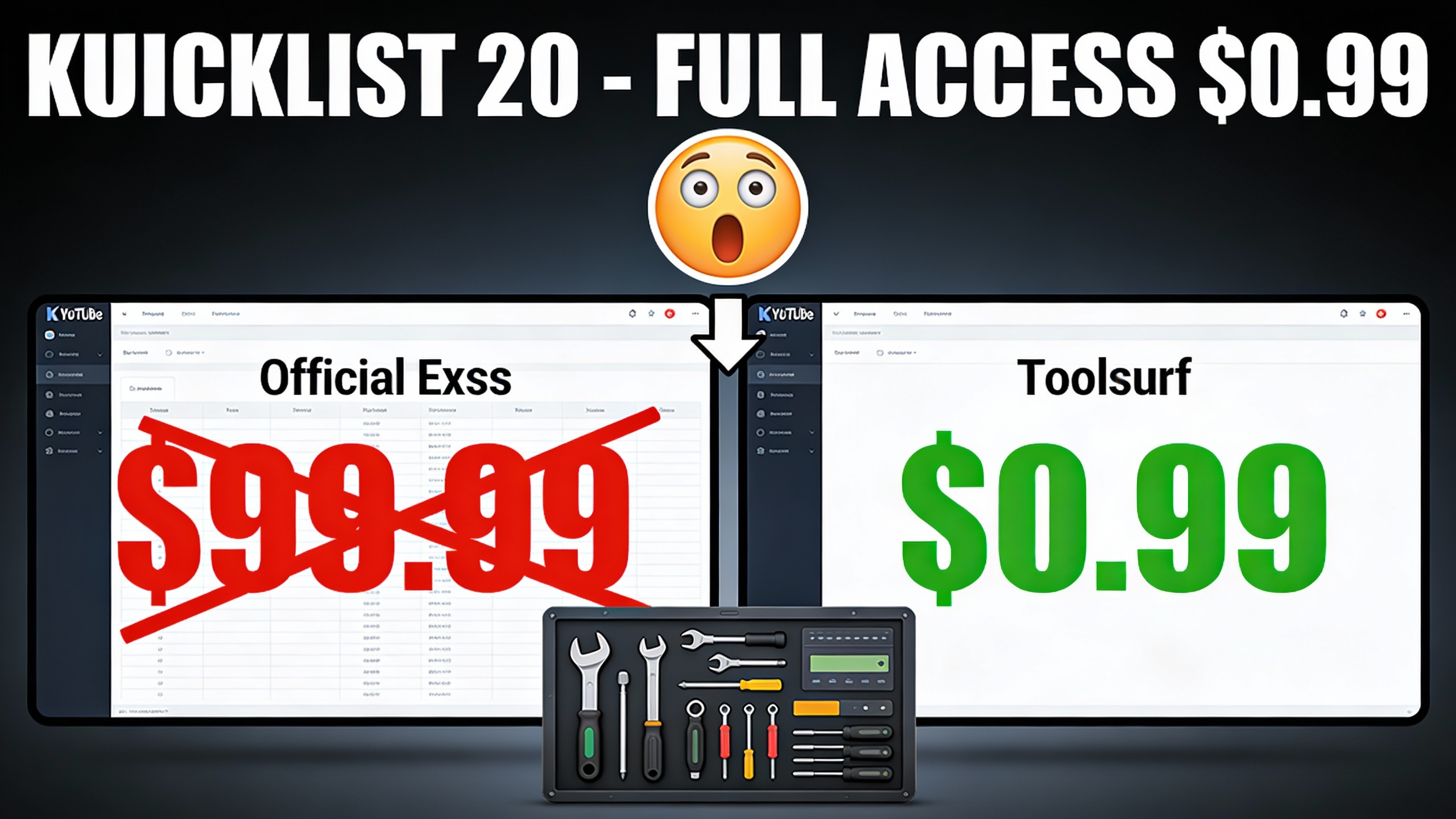 YouTube thumbnail marketing style. Bold white text "KUICKLIST 20 - FULL ACCESS $0.99".
Split