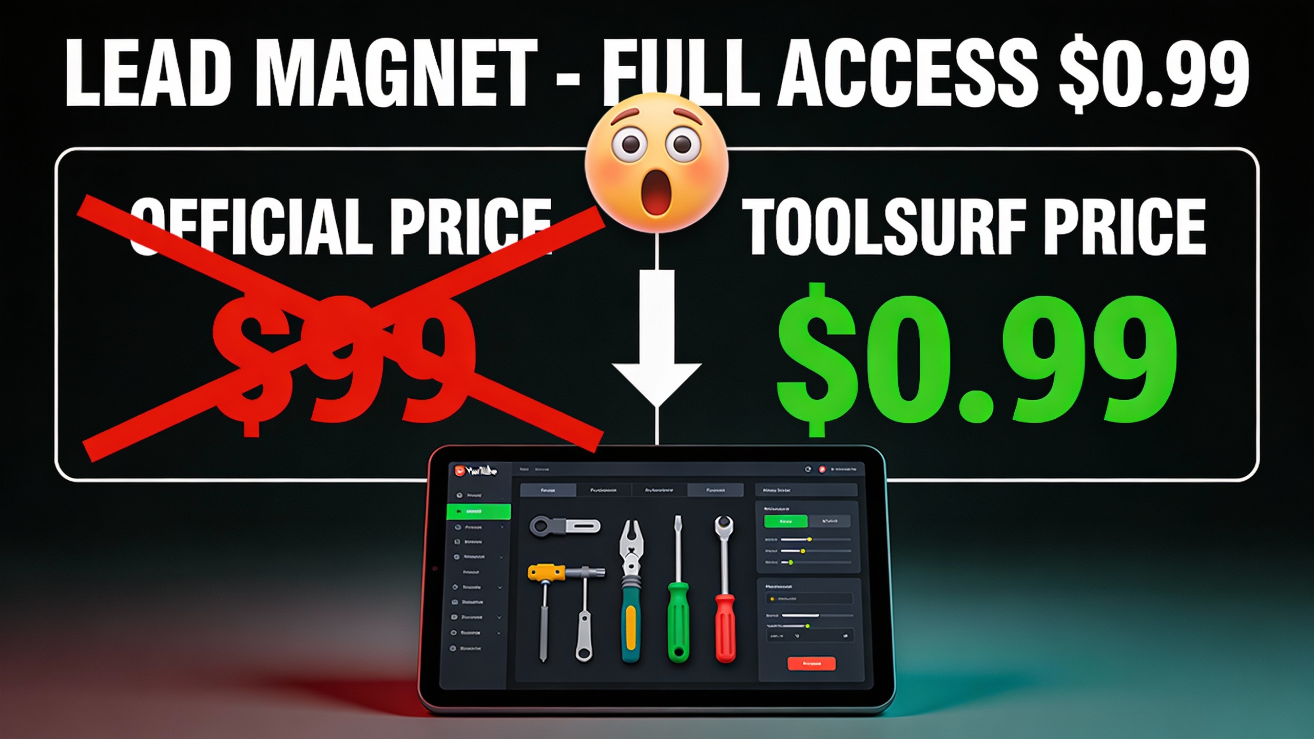 YouTube thumbnail marketing style. Bold white text "LEAD MAGNET - FULL ACCESS $0.99".
Split 