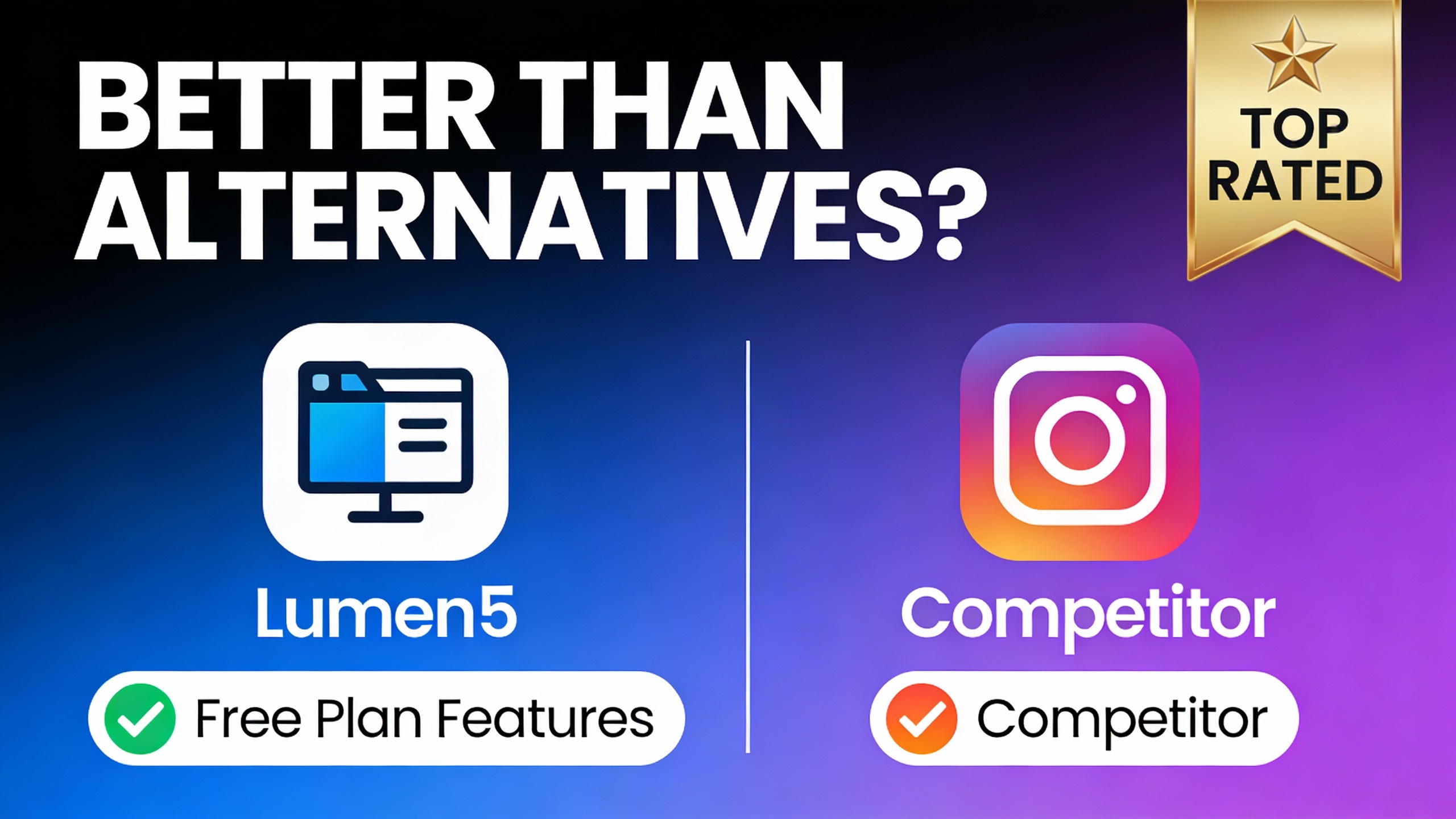 YouTube thumbnail marketing style. Bold text "BETTER THAN ALTERNATIVES?"
Lumen5 Free Plan Fe