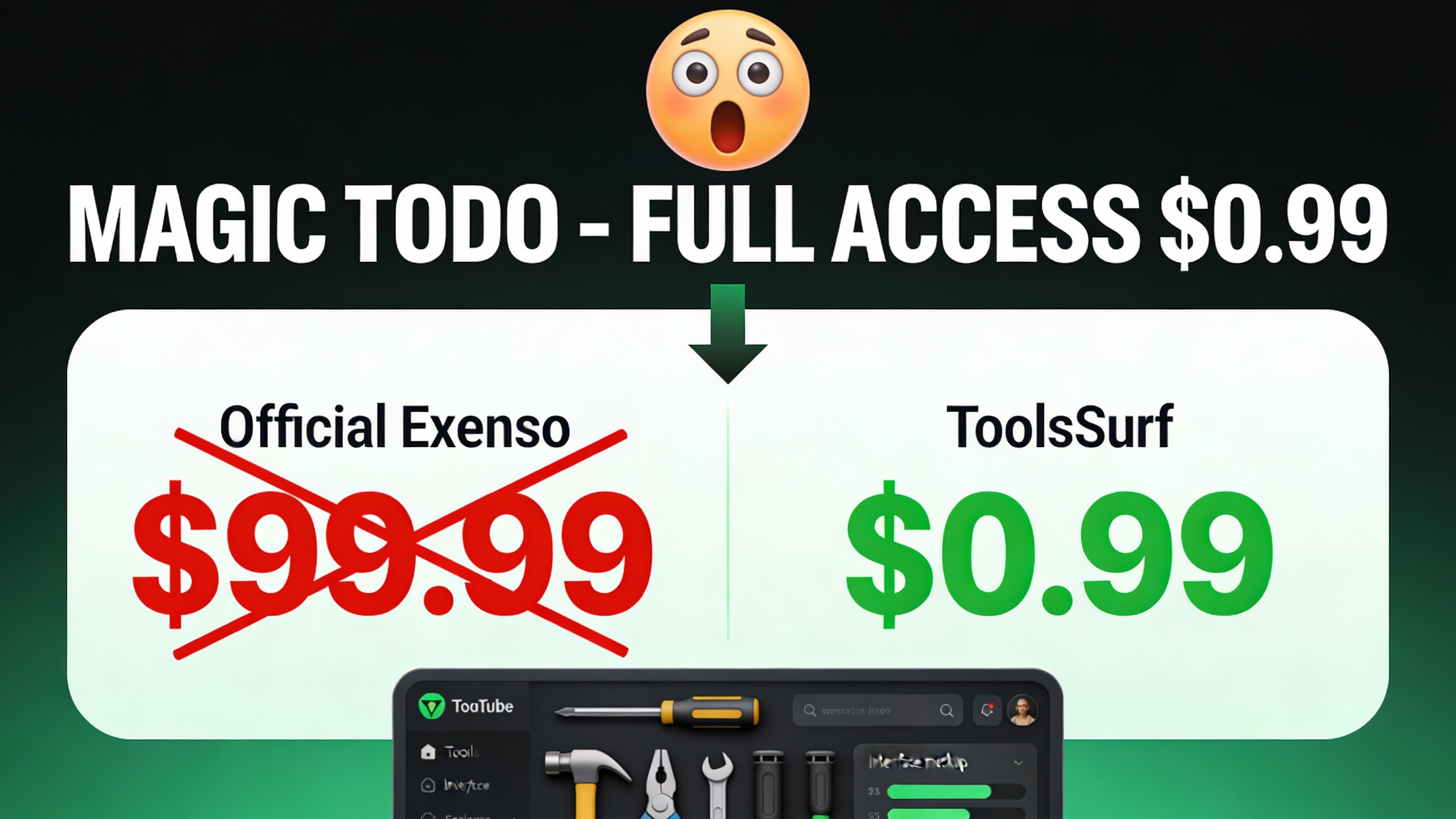 YouTube thumbnail marketing style. Bold white text "MAGIC TODO - FULL ACCESS $0.99".
Split s