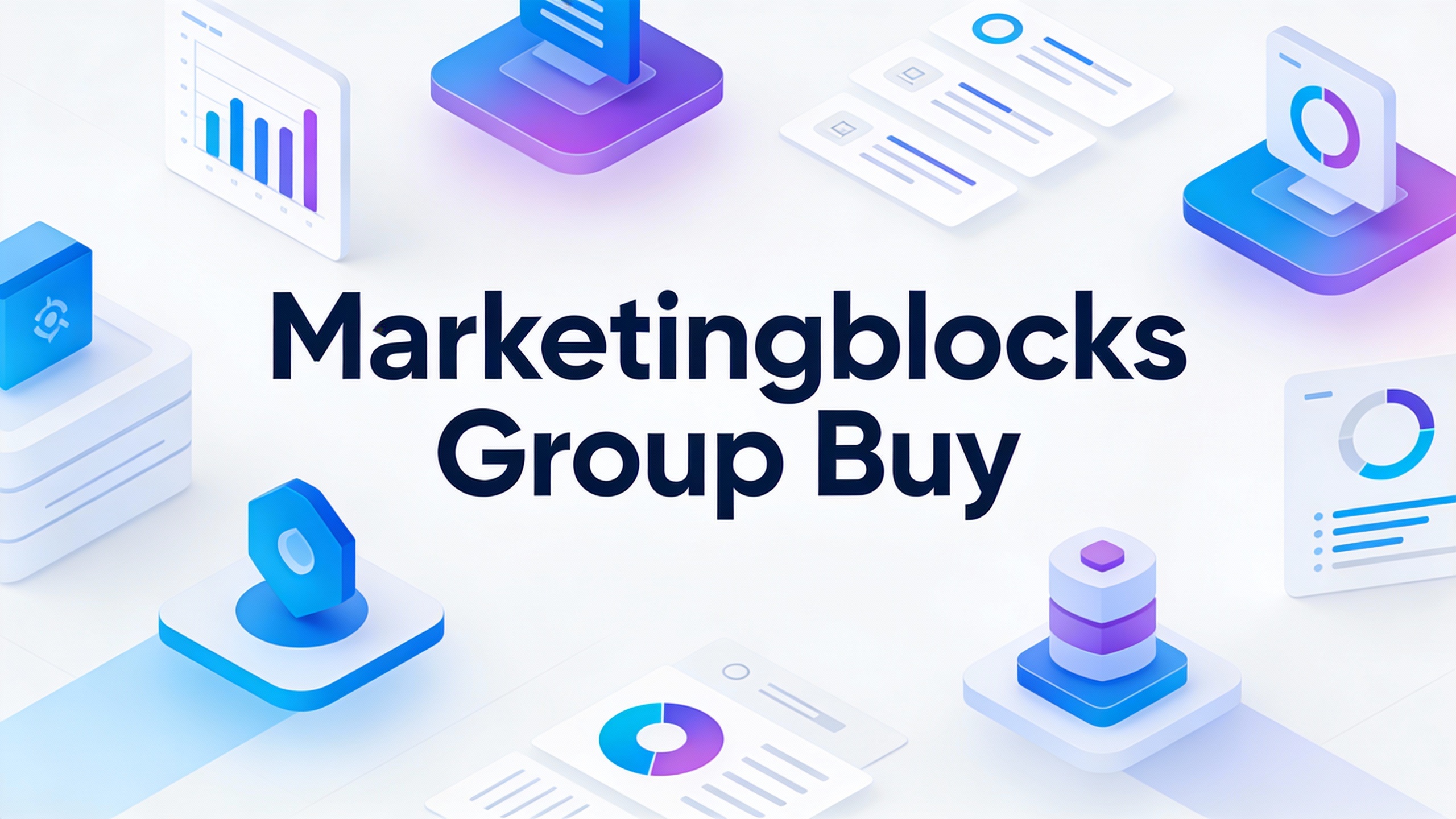 Modern tech platform interface for Marketingblocks Group Buy with clean UI elements, data visualizations, and workflow icons. Minimalist vector style.