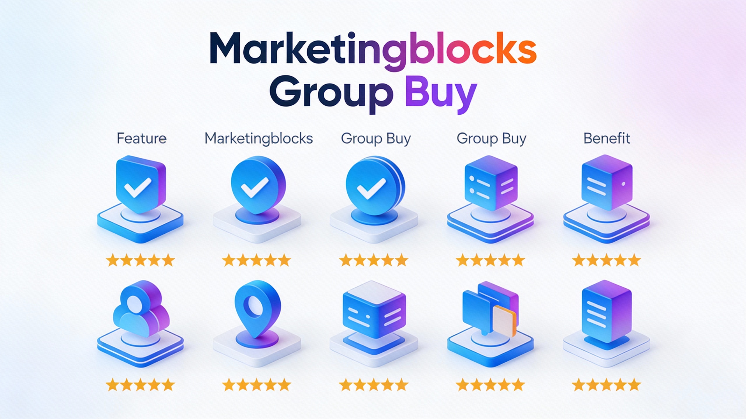 Feature comparison grid for Marketingblocks Group Buy with checkmarks, star ratings, and benefit icons in modern flat design. Multi-color accent scheme.
