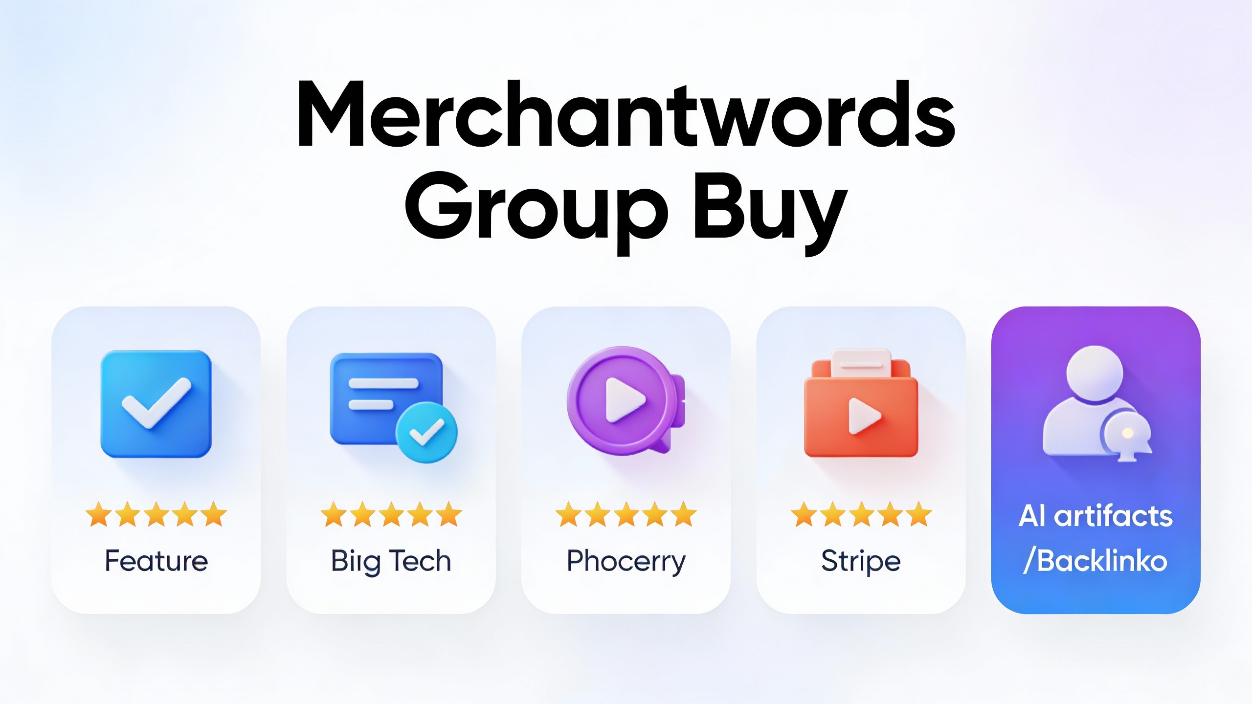 Feature comparison grid for Merchantwords Group Buy with checkmarks, star ratings, and benefit icons in modern flat design. Multi-color accent scheme.