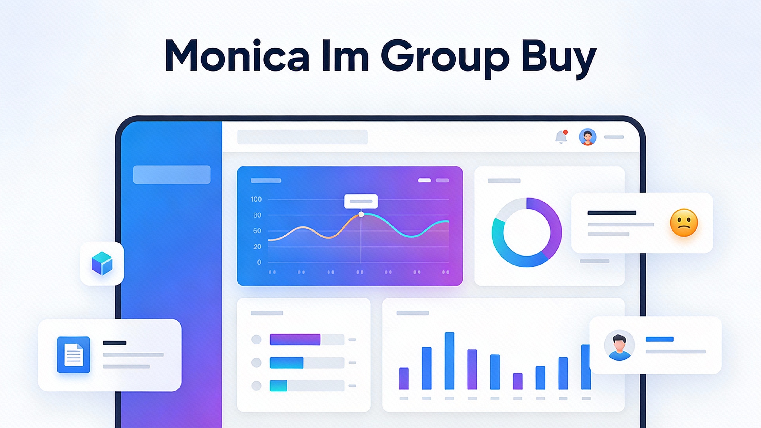 Modern tech platform interface for Monica Im Group Buy with clean UI elements, data visualizations, and workflow icons. Minimalist vector style.