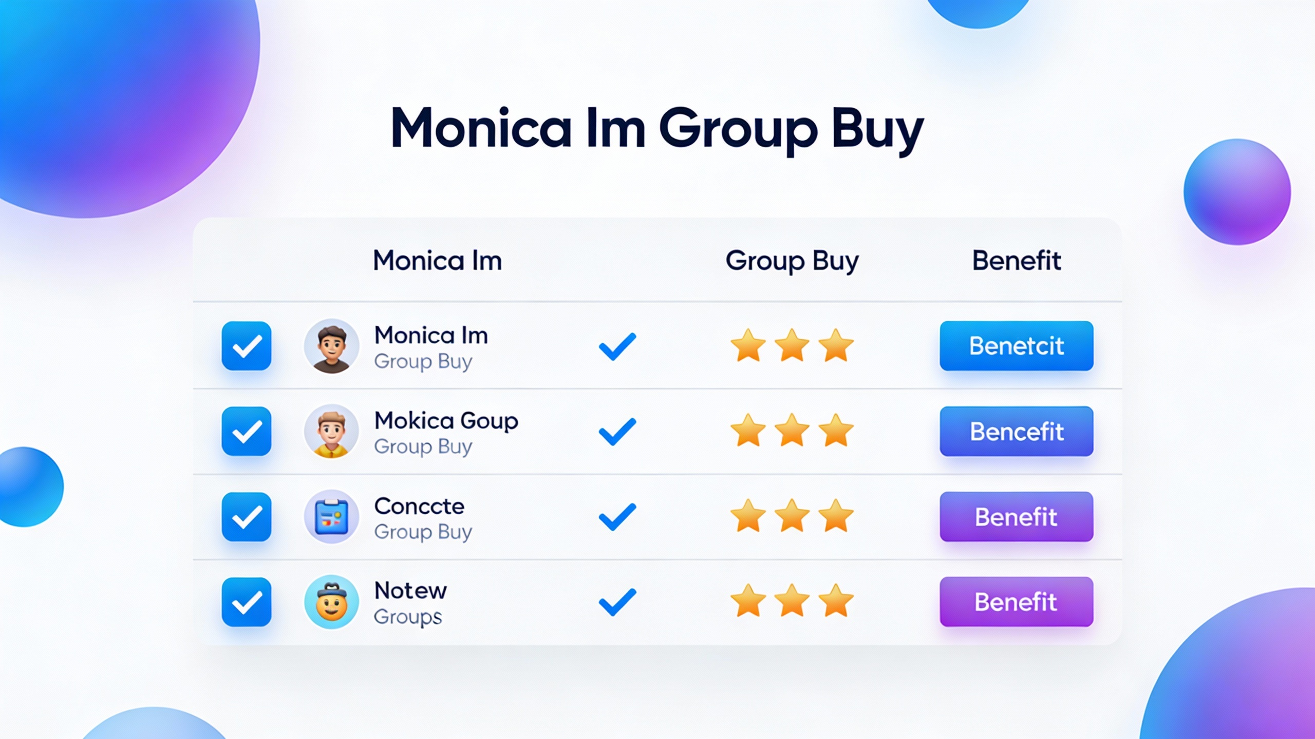 Feature comparison grid for Monica Im Group Buy with checkmarks, star ratings, and benefit icons in modern flat design. Multi-color accent scheme.
