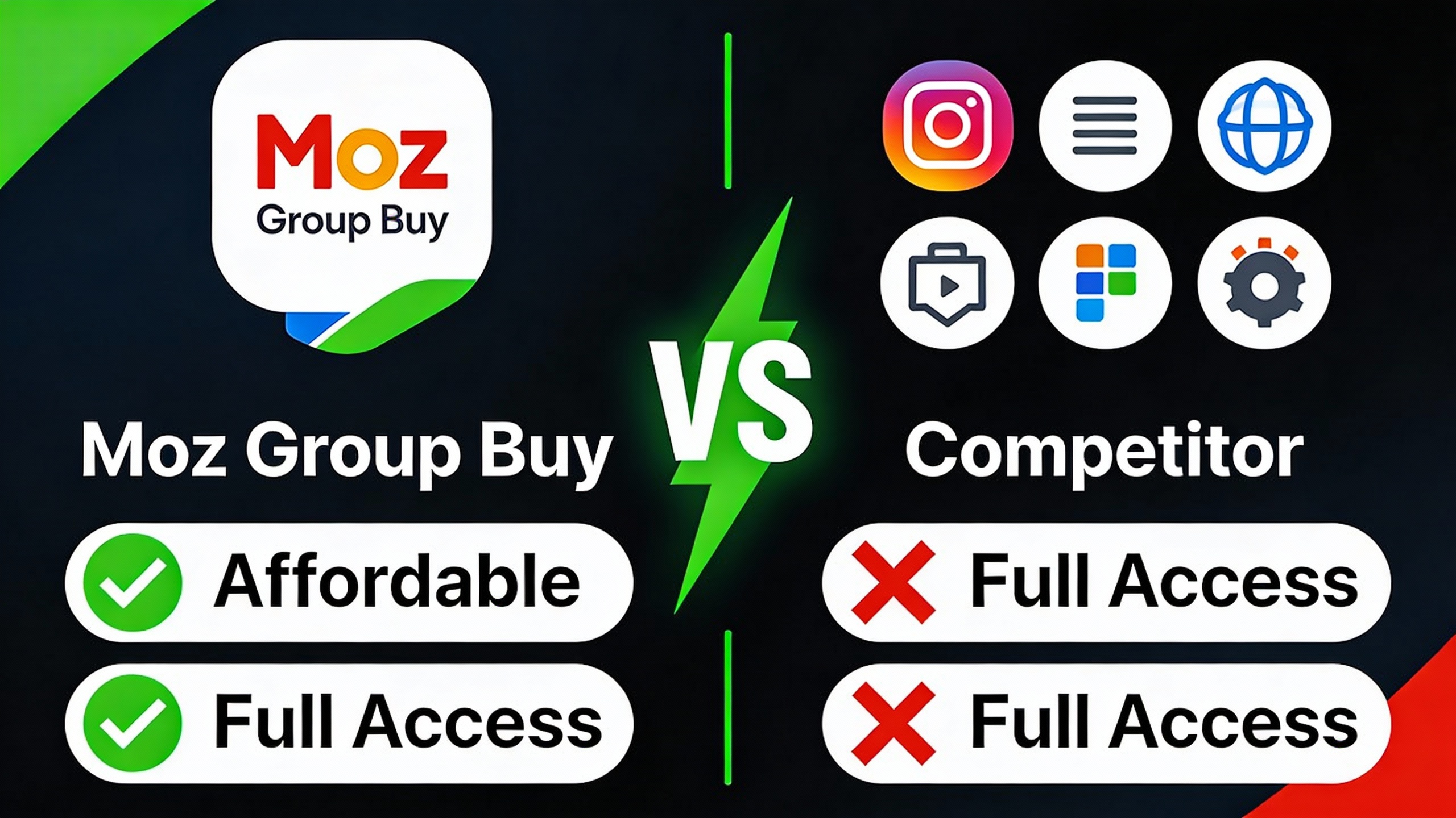 YouTube thumbnail marketing style. "VS" comparison layout.
Moz Group Buy logo/icon on left v