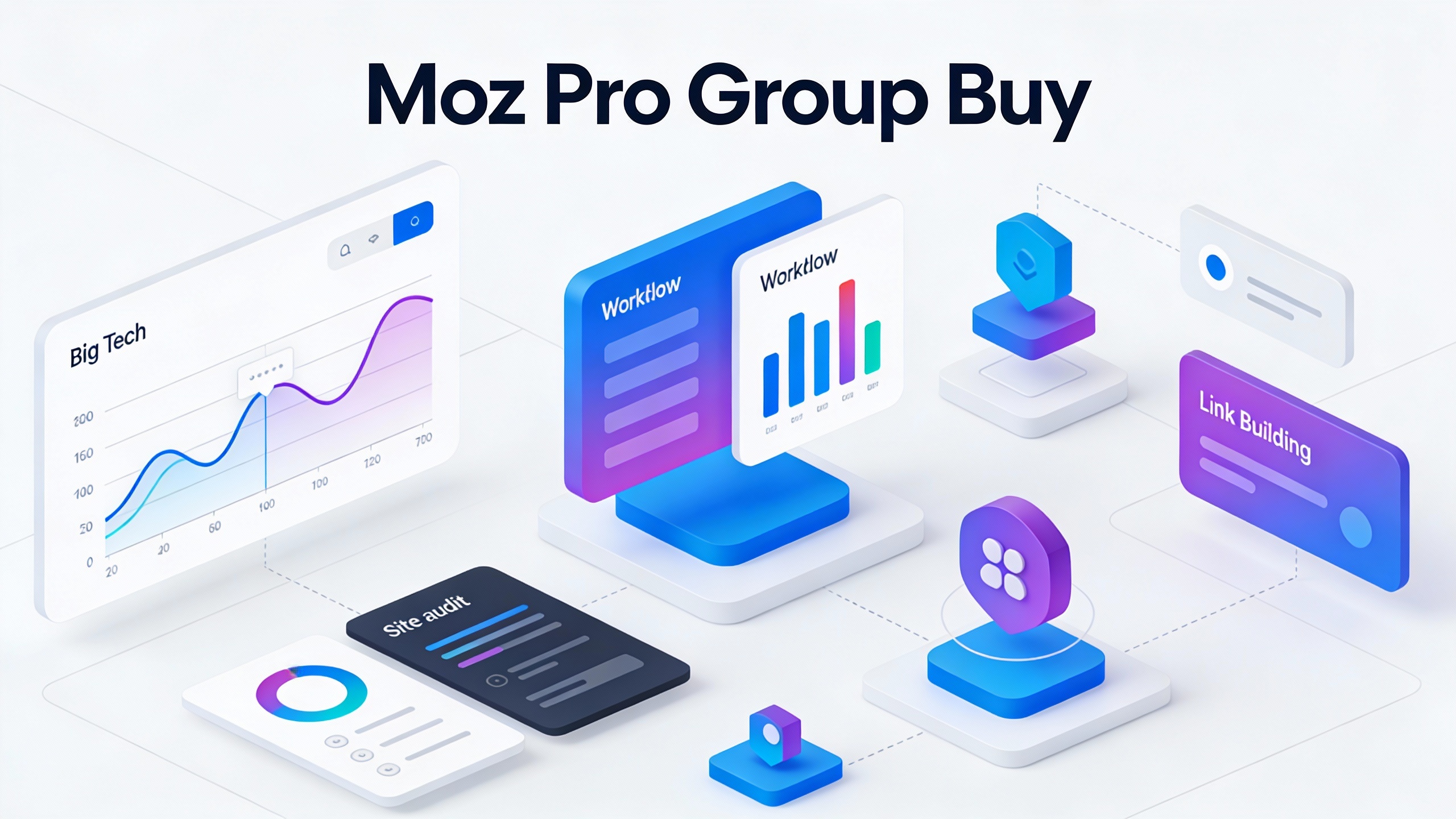 Modern tech platform interface for Moz Pro Group Buy with clean UI elements, data visualizations, and workflow icons. Minimalist vector style.