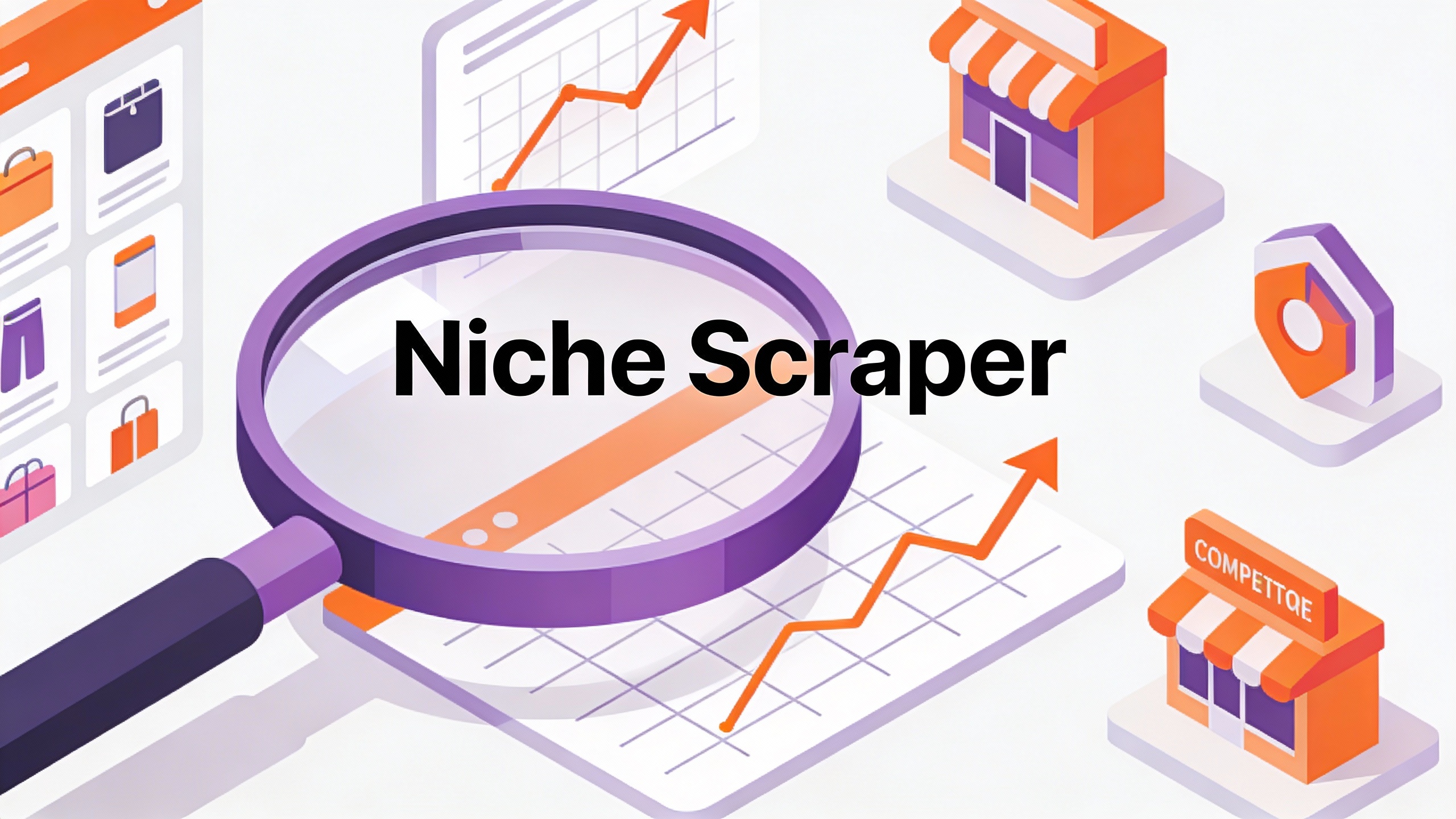 Isometric illustration of e-commerce research workflow: magnifying glass over product grid, trending arrow graphs, competitor store icons. Vibrant orange-purple scheme.