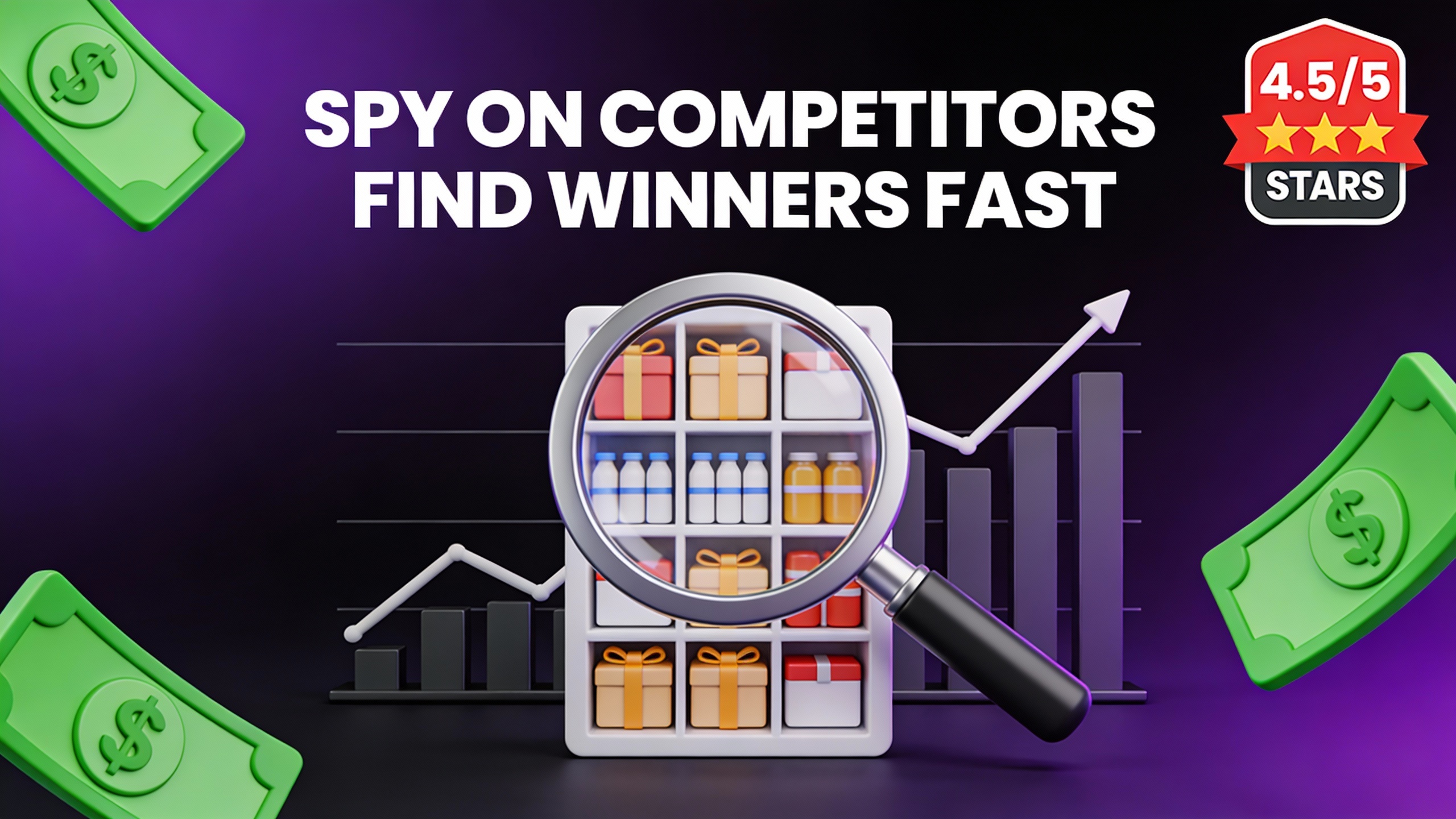 YouTube thumbnail marketing style. Bold white text "SPY ON COMPETITORS" or "FIND WINNERS FAST".
