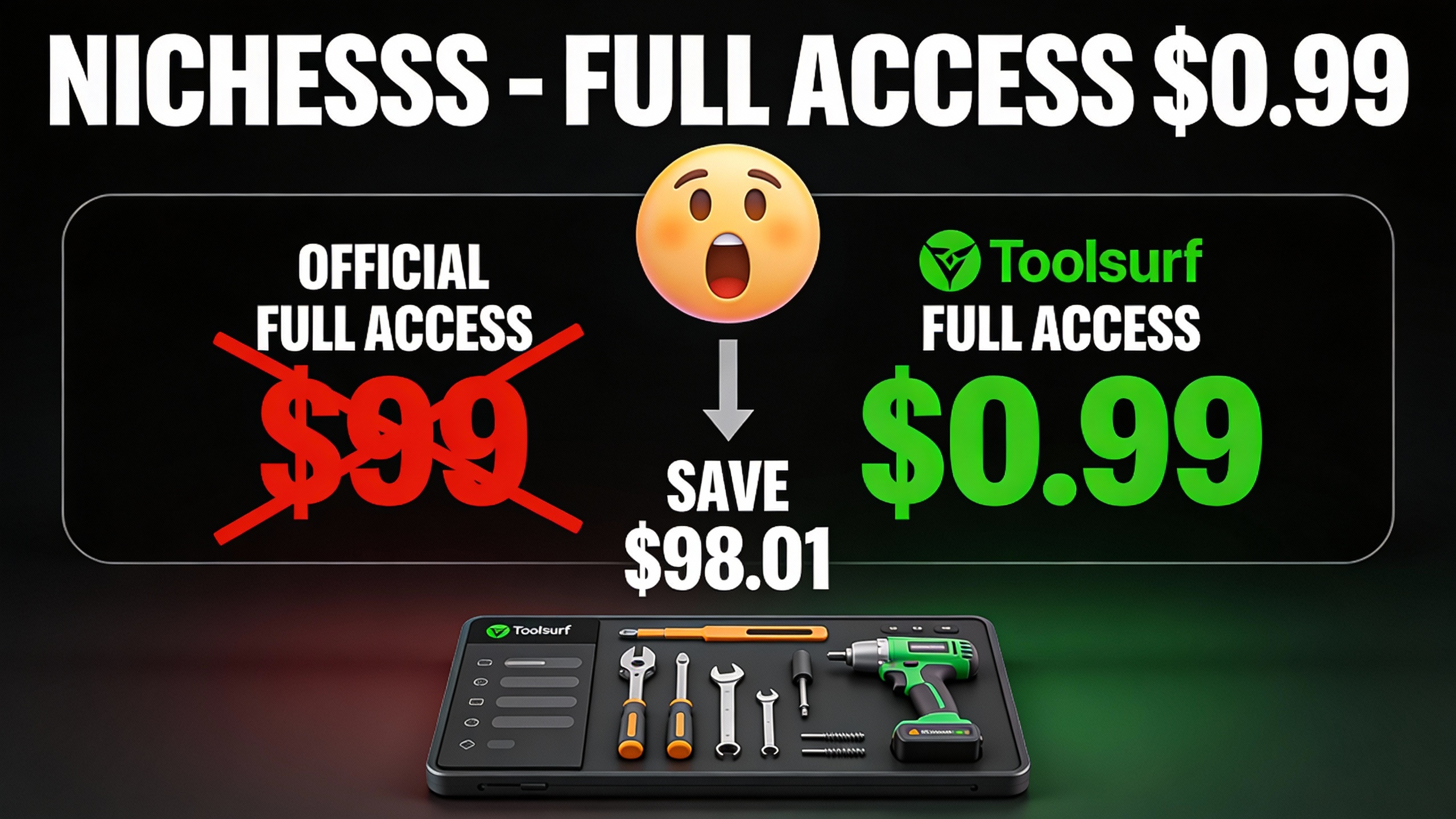 YouTube thumbnail marketing style. Bold white text "NICHESSS - FULL ACCESS $0.99".
Split scr