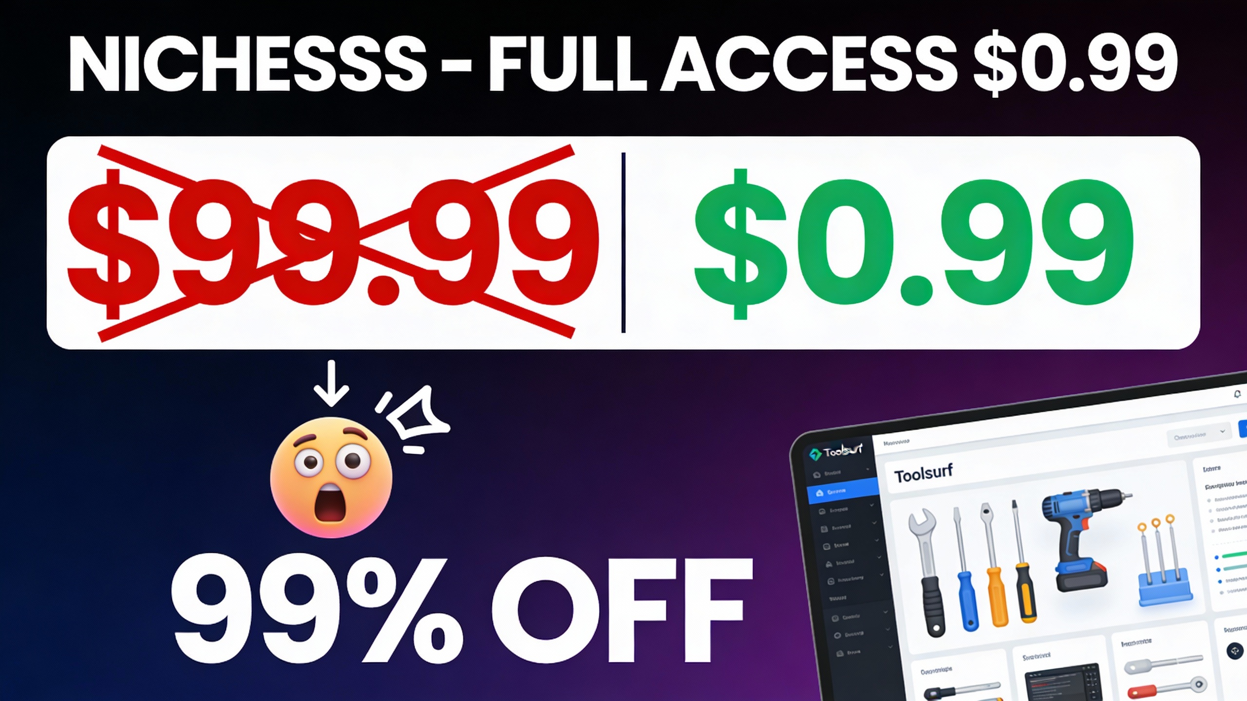 YouTube thumbnail marketing style. Bold white text "NICHESSS - FULL ACCESS $0.99".
Split scr