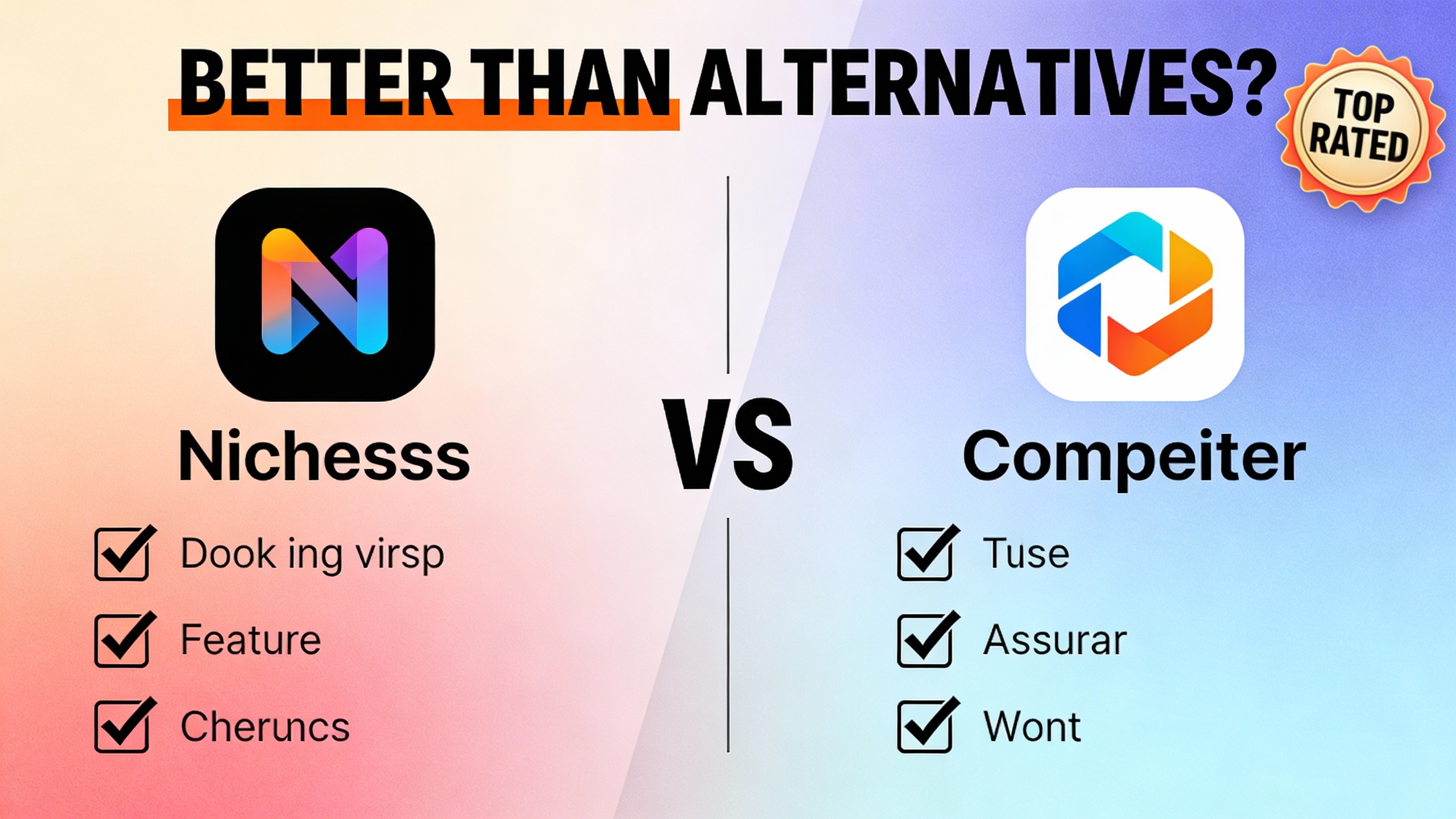YouTube thumbnail marketing style. Bold text "BETTER THAN ALTERNATIVES?"
Nichesss icon vs co