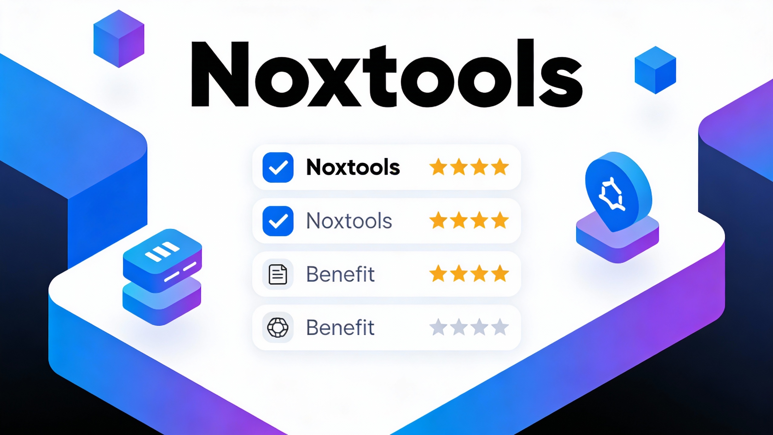 Feature comparison grid for Noxtools with checkmarks, star ratings, and benefit icons in modern flat design. Multi-color accent scheme.