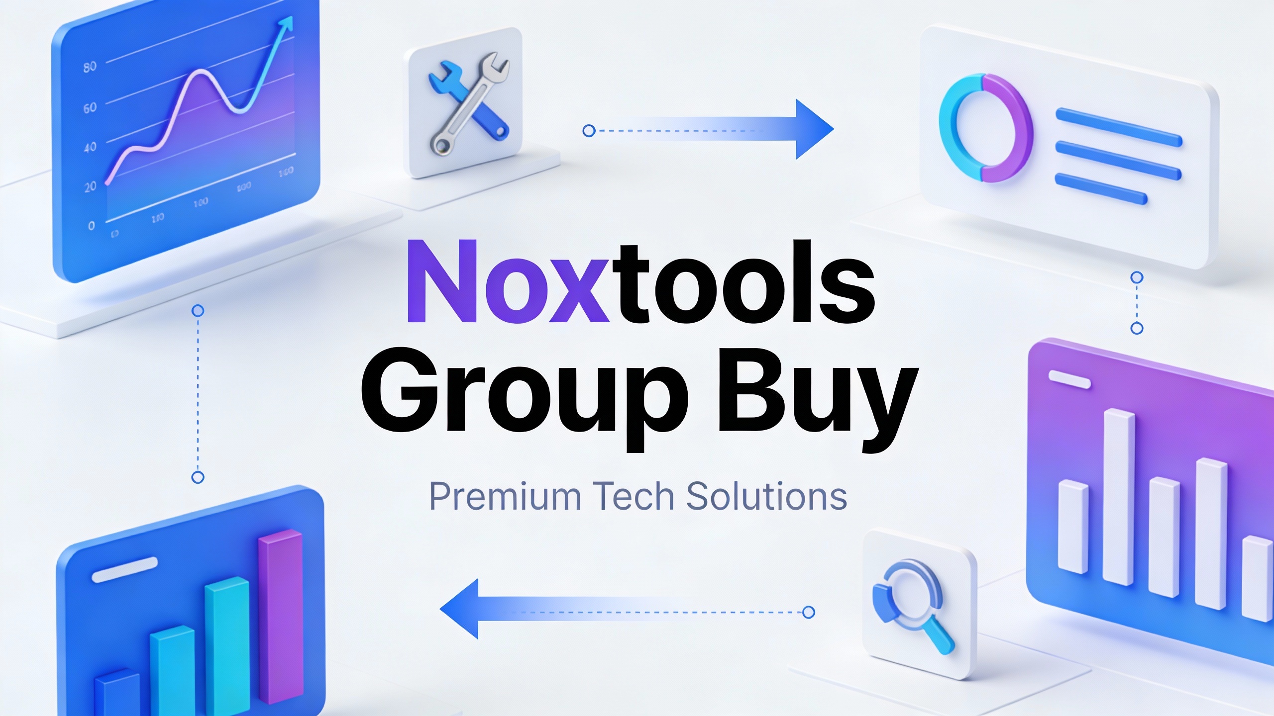 Modern tech platform interface for Noxtools Group Buy with clean UI elements, data visualizations, and workflow icons. Minimalist vector style.