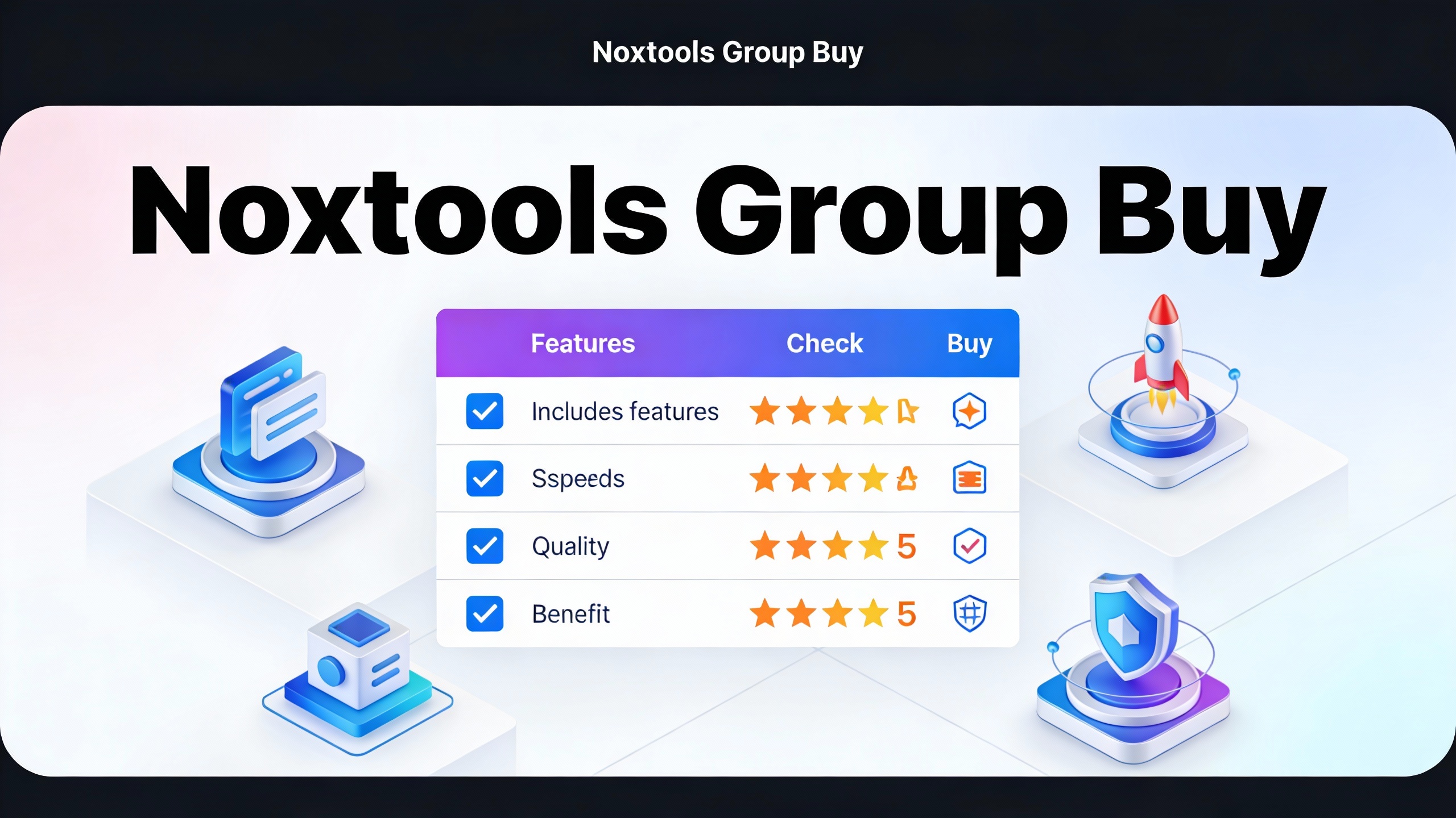 Feature comparison grid for Noxtools Group Buy with checkmarks, star ratings, and benefit icons in modern flat design. Multi-color accent scheme.