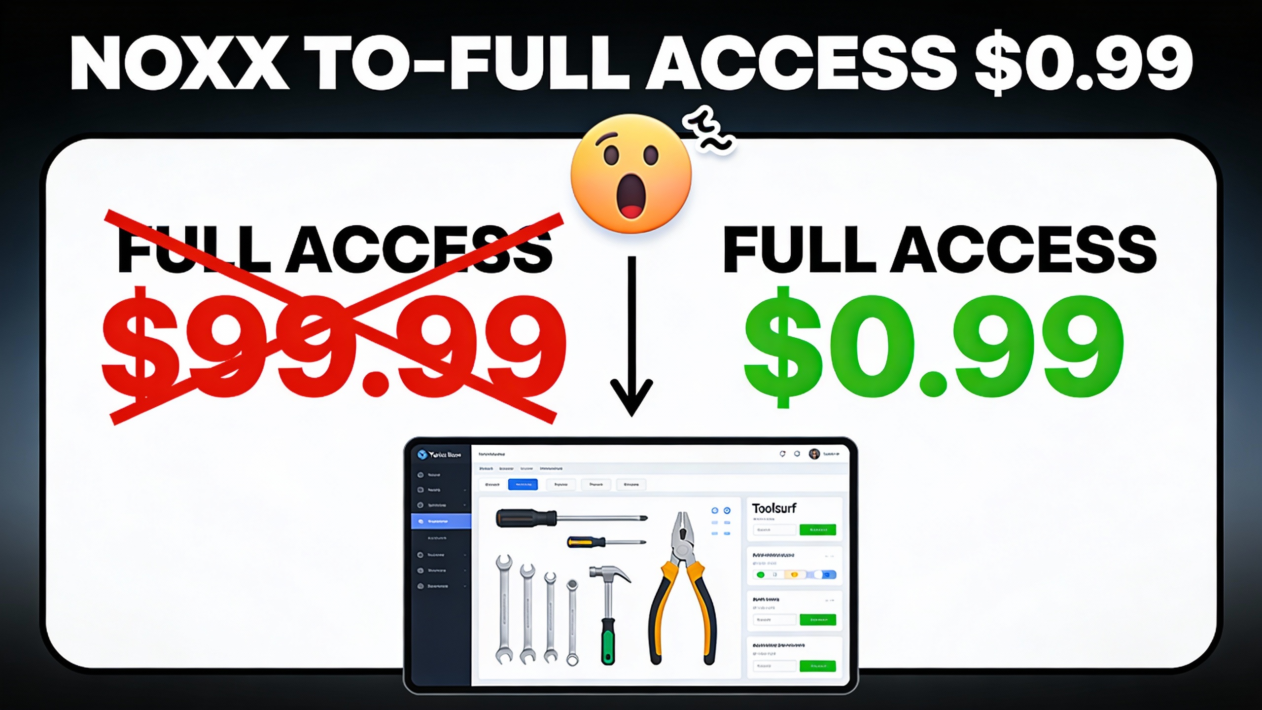 YouTube thumbnail marketing style. Bold white text "NOXX TO - FULL ACCESS $0.99".
Split scre