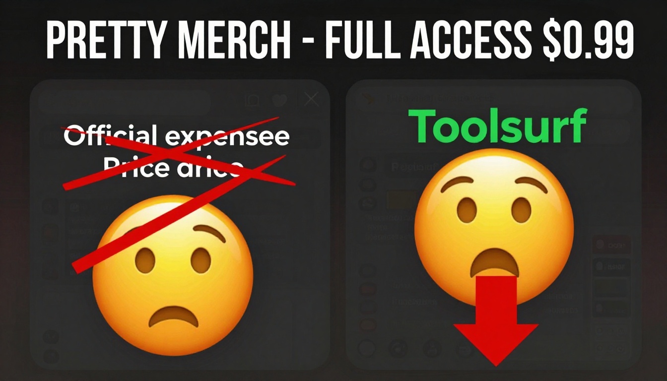 YouTube thumbnail marketing style. Bold white text "PRETTY MERCH - FULL ACCESS $0.99".
Split