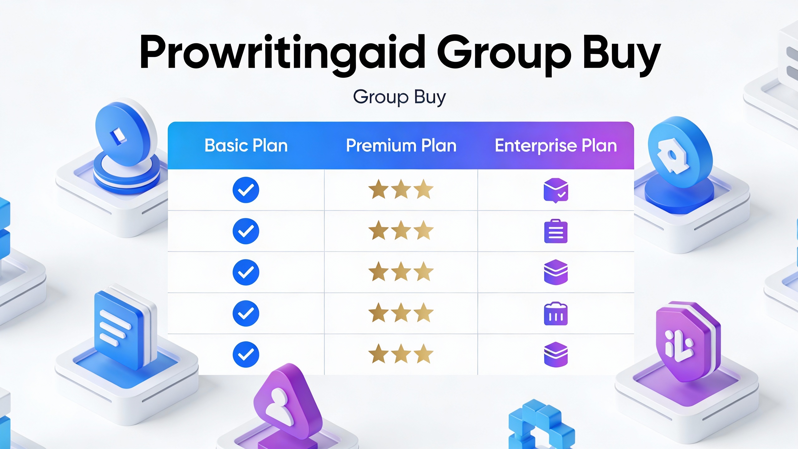 Feature comparison grid for Prowritingaid Group Buy with checkmarks, star ratings, and benefit icons in modern flat design. Multi-color accent scheme.