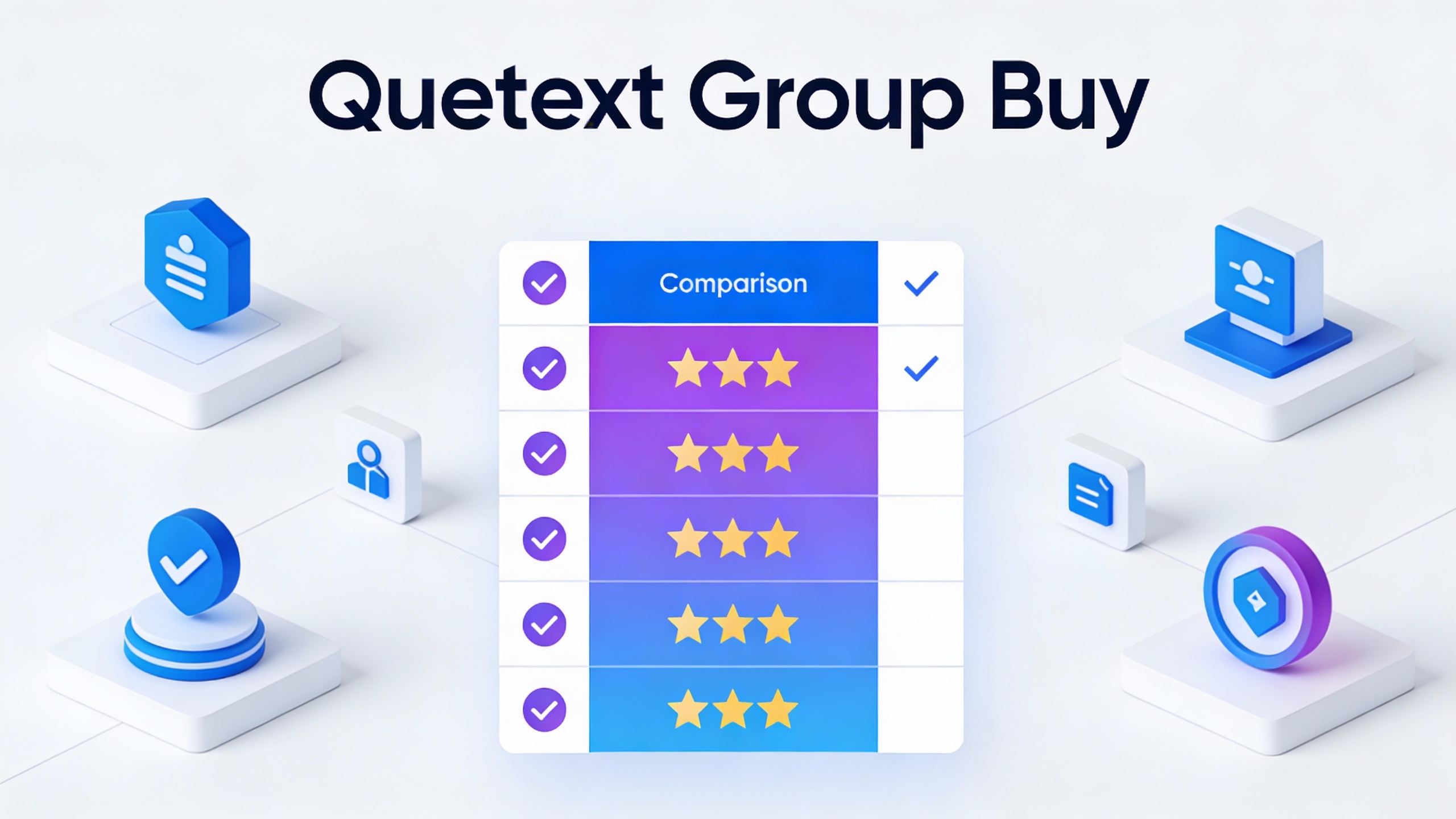 Feature comparison grid for Quetext Group Buy with checkmarks, star ratings, and benefit icons in modern flat design. Multi-color accent scheme.