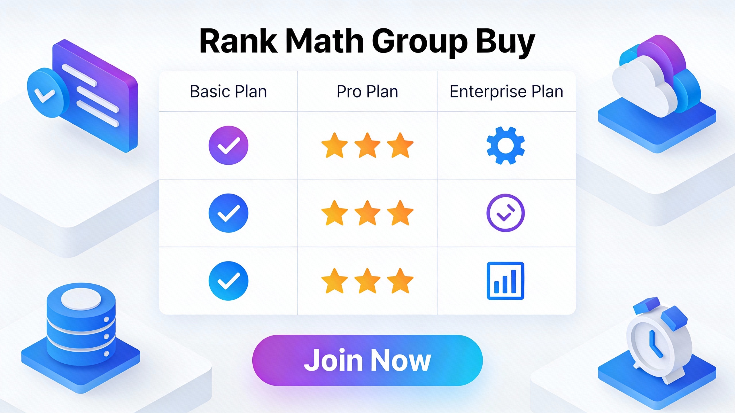 Feature comparison grid for Rank Math Group Buy with checkmarks, star ratings, and benefit icons in modern flat design. Multi-color accent scheme.