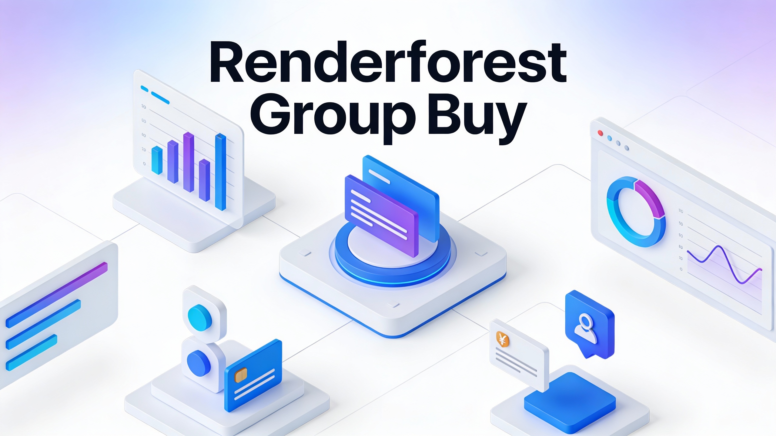 Modern tech platform interface for Renderforest Group Buy with clean UI elements, data visualizations, and workflow icons. Minimalist vector style.