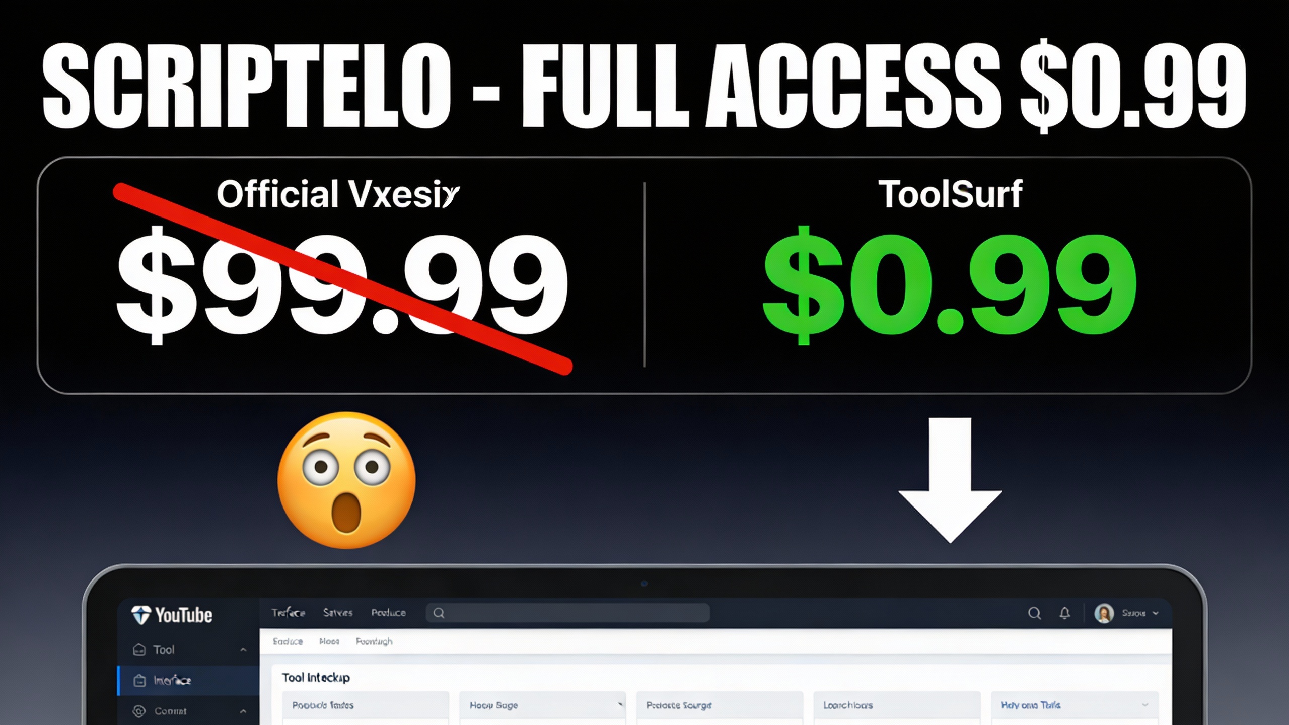 YouTube thumbnail marketing style. Bold white text "SCRIPTELO - FULL ACCESS $0.99".
Split sc