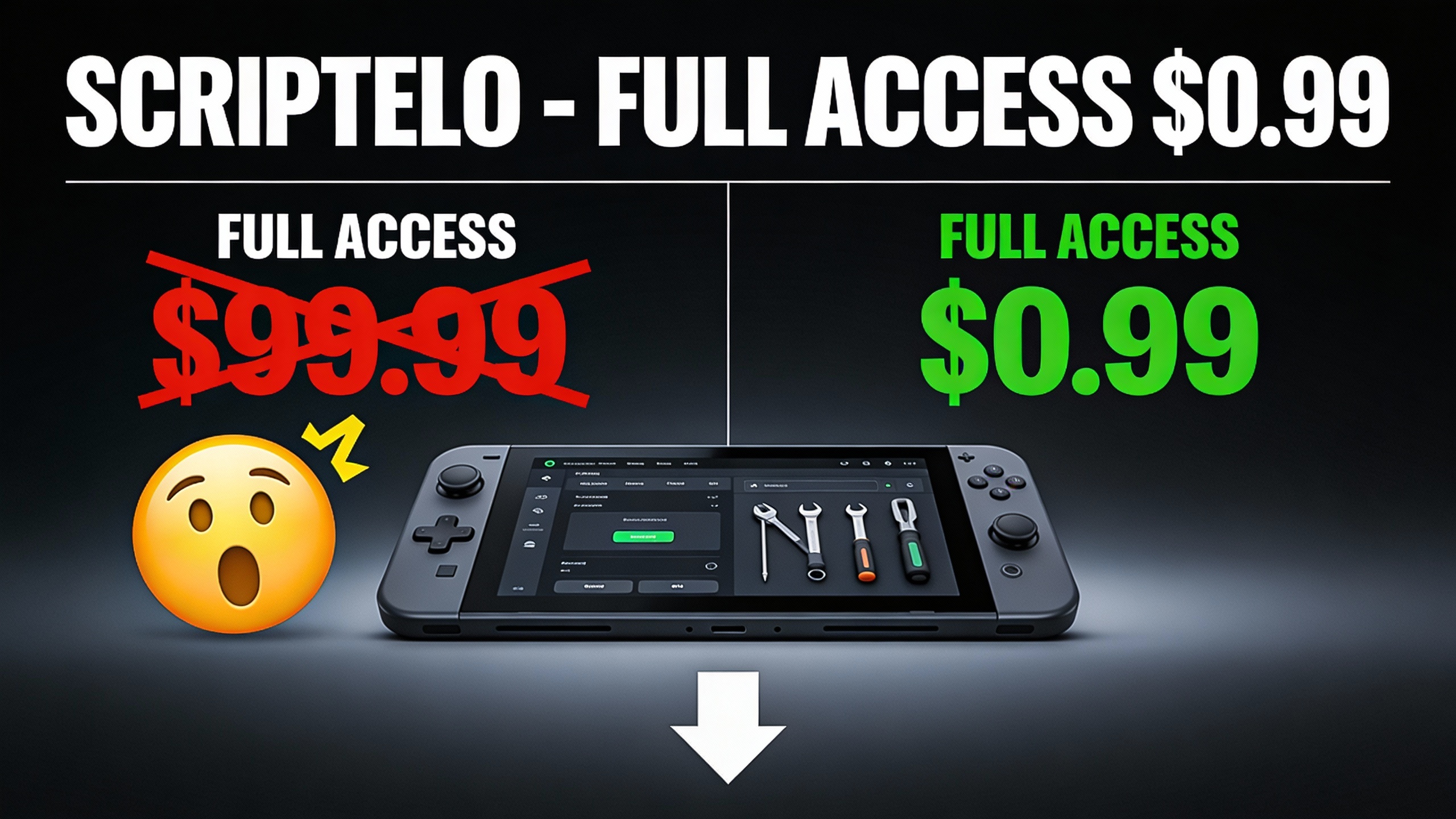 YouTube thumbnail marketing style. Bold white text "SCRIPTELO - FULL ACCESS $0.99".
Split sc