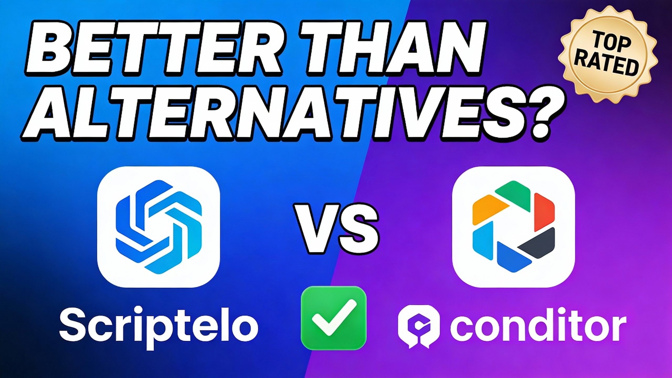 YouTube thumbnail marketing style. Bold text "BETTER THAN ALTERNATIVES?"
Scriptelo icon vs c