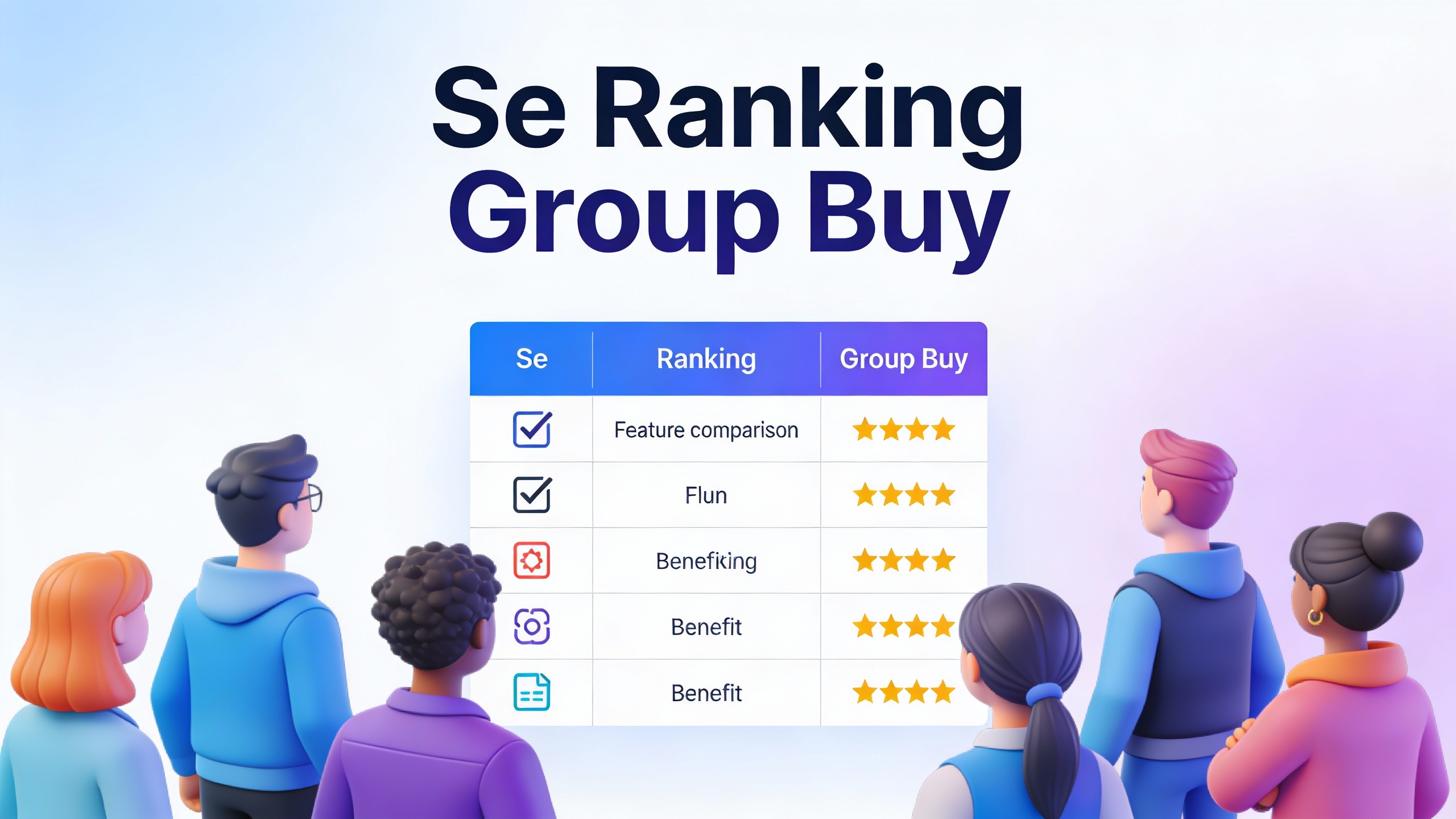 Feature comparison grid for Se Ranking Group Buy with checkmarks, star ratings, and benefit icons in modern flat design. Multi-color accent scheme.