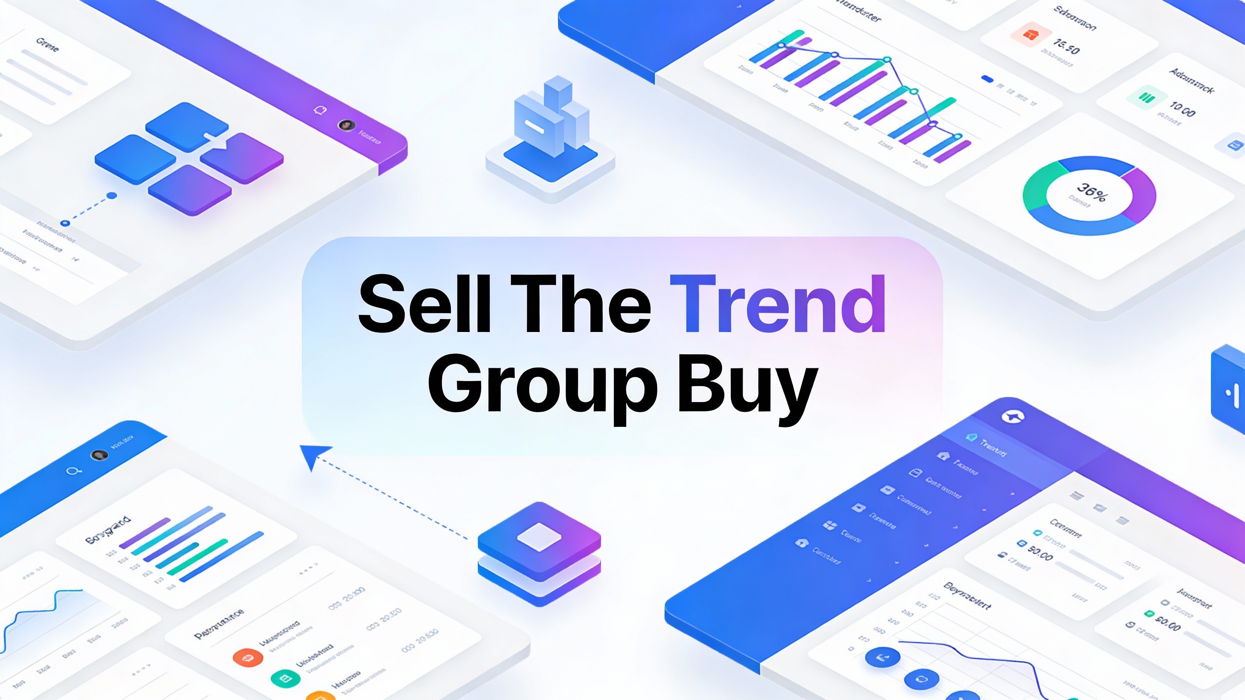 Modern tech platform interface for Sell The Trend Group Buy with clean UI elements, data visualizations, and workflow icons. Minimalist vector style.