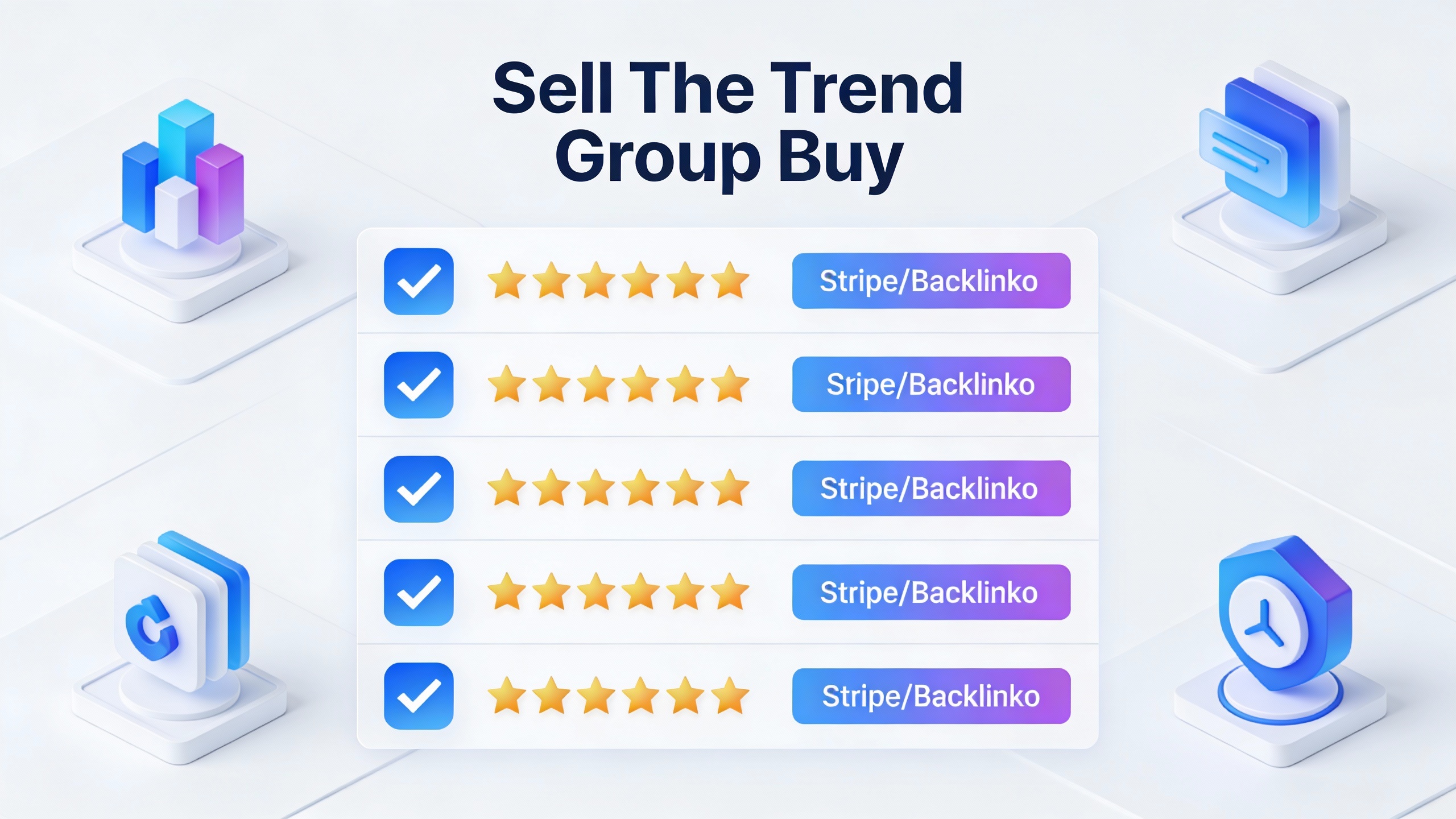 Feature comparison grid for Sell The Trend Group Buy with checkmarks, star ratings, and benefit icons in modern flat design. Multi-color accent scheme.