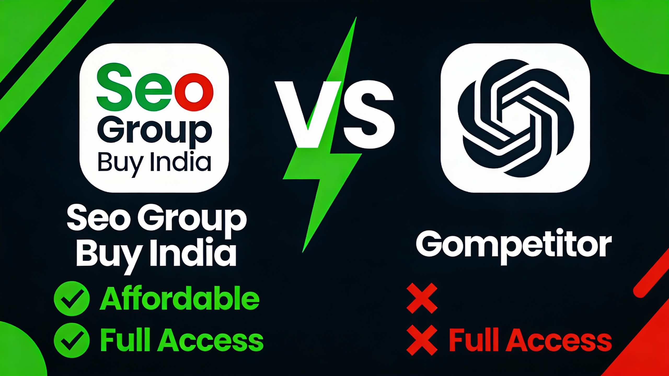 YouTube thumbnail marketing style. "VS" comparison layout.
Seo Group Buy India logo/icon on 
