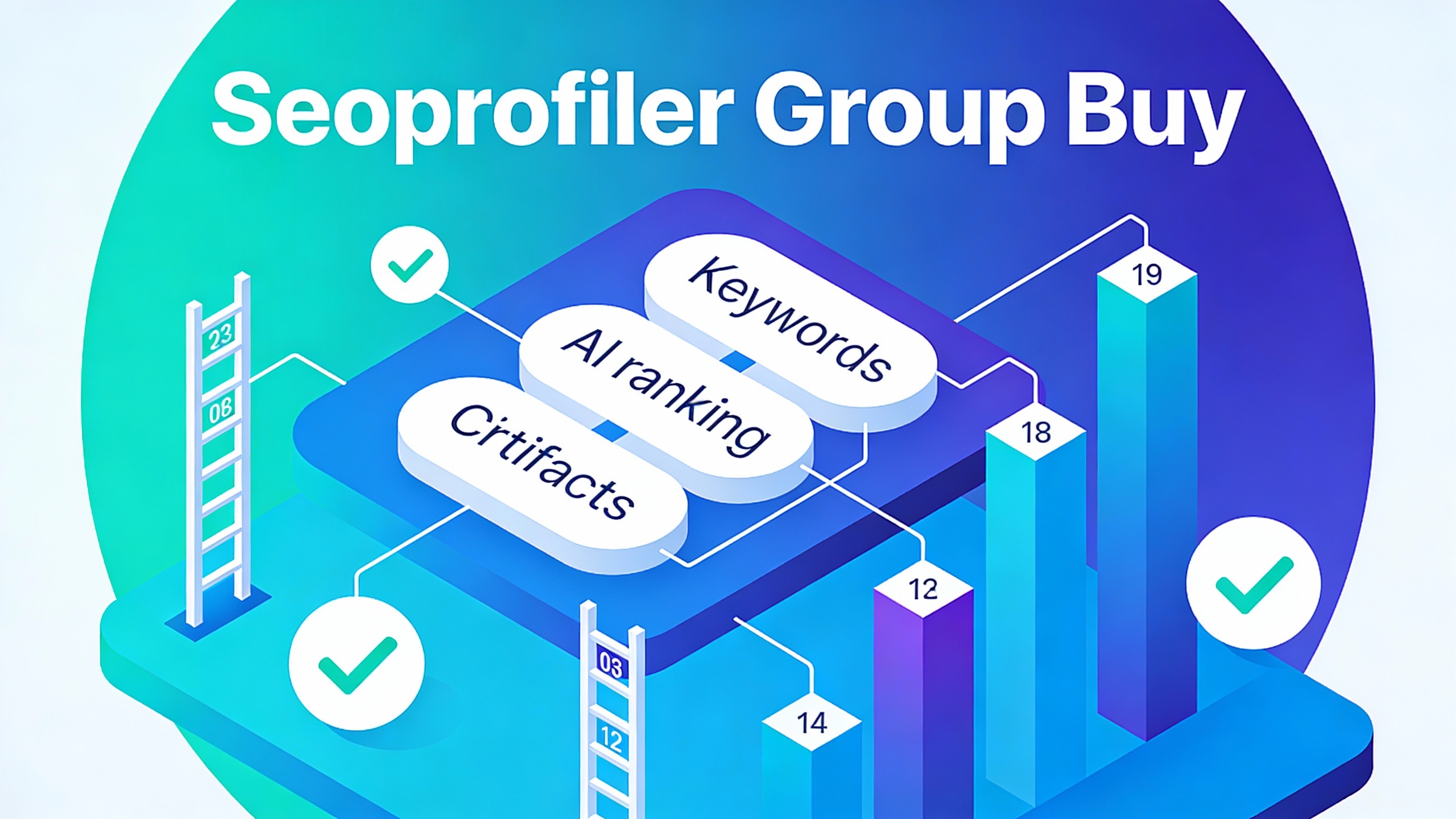 Content strategy flowchart with keyword clusters, ranking ladders, and optimization checkmarks for Seoprofiler Group Buy. Teal-indigo gradient.
