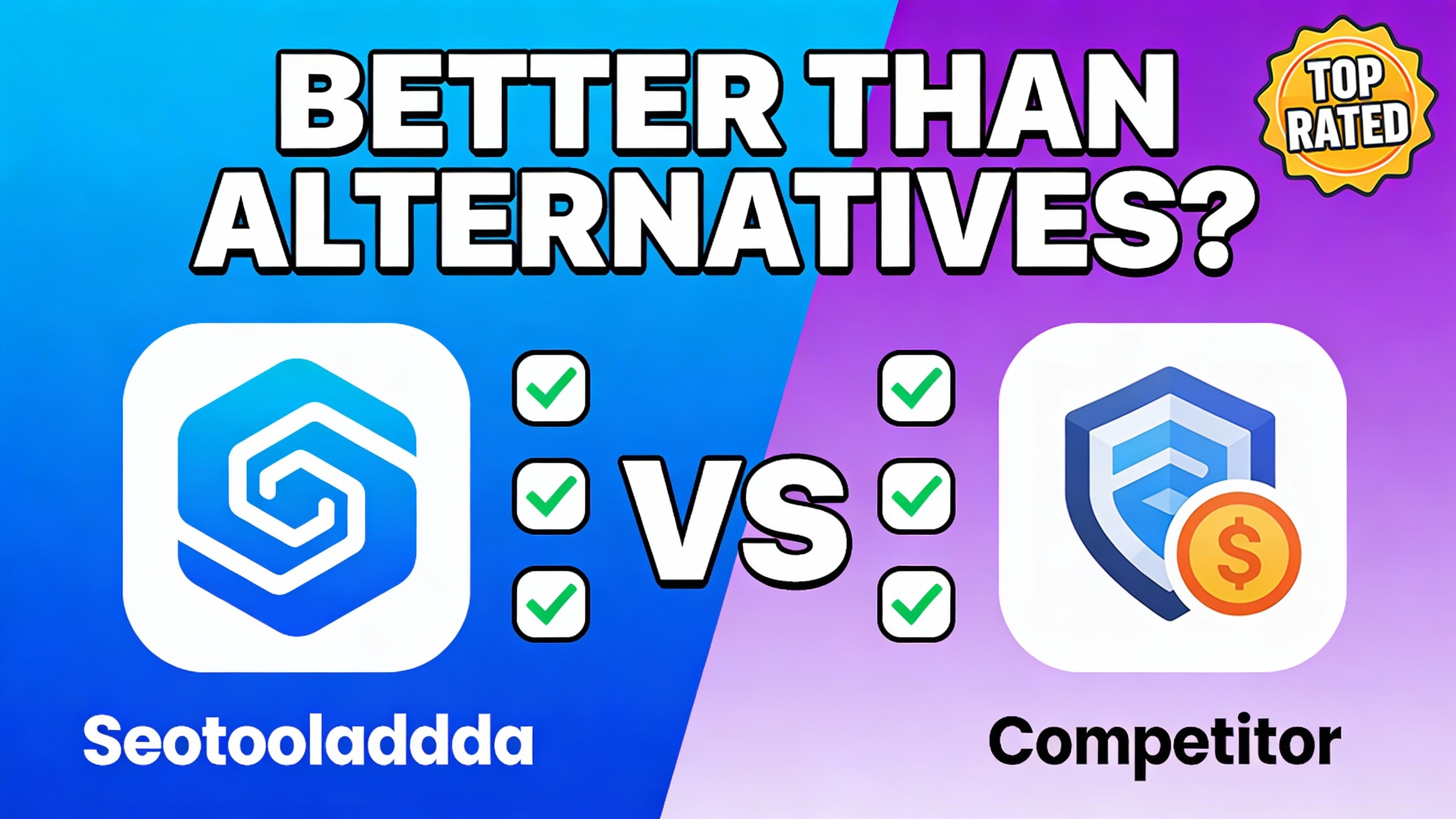 YouTube thumbnail marketing style. Bold text "BETTER THAN ALTERNATIVES?"
Seotooladda icon vs