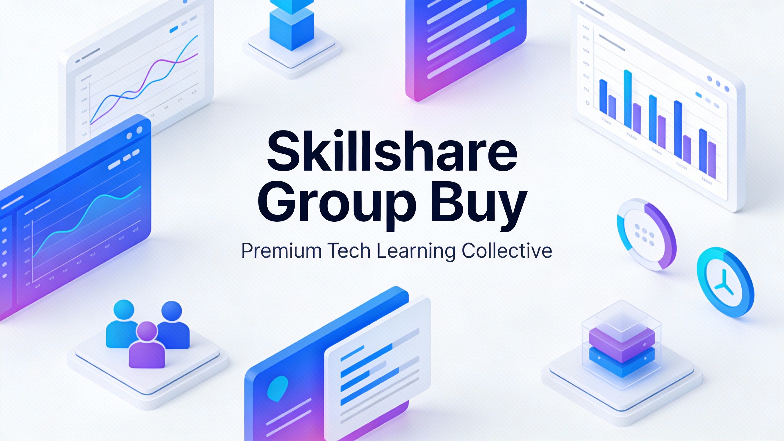 Modern tech platform interface for Skillshare Group Buy with clean UI elements, data visualizations, and workflow icons. Minimalist vector style.