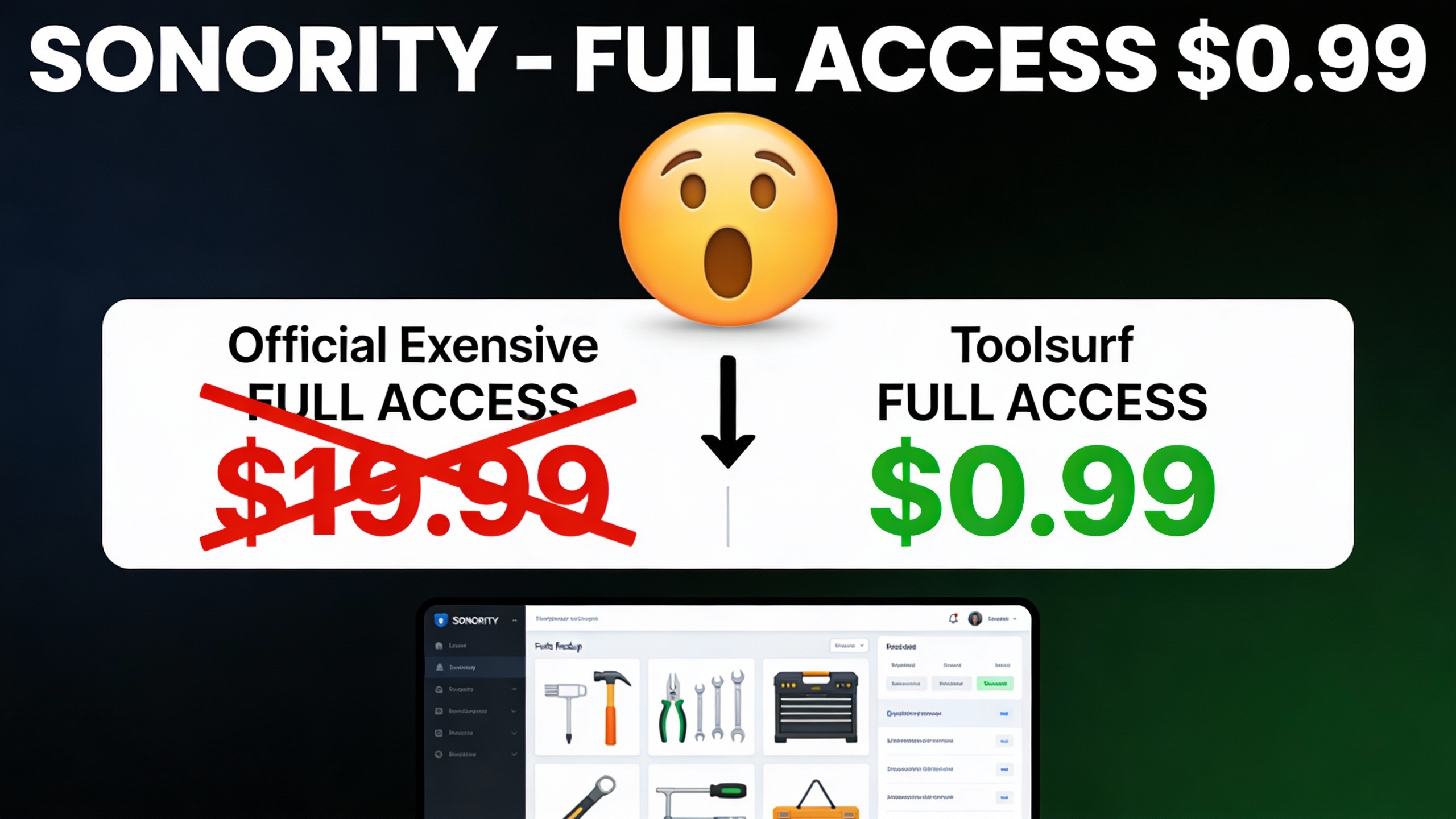 YouTube thumbnail marketing style. Bold white text "SONORITY - FULL ACCESS $0.99".
Split scr