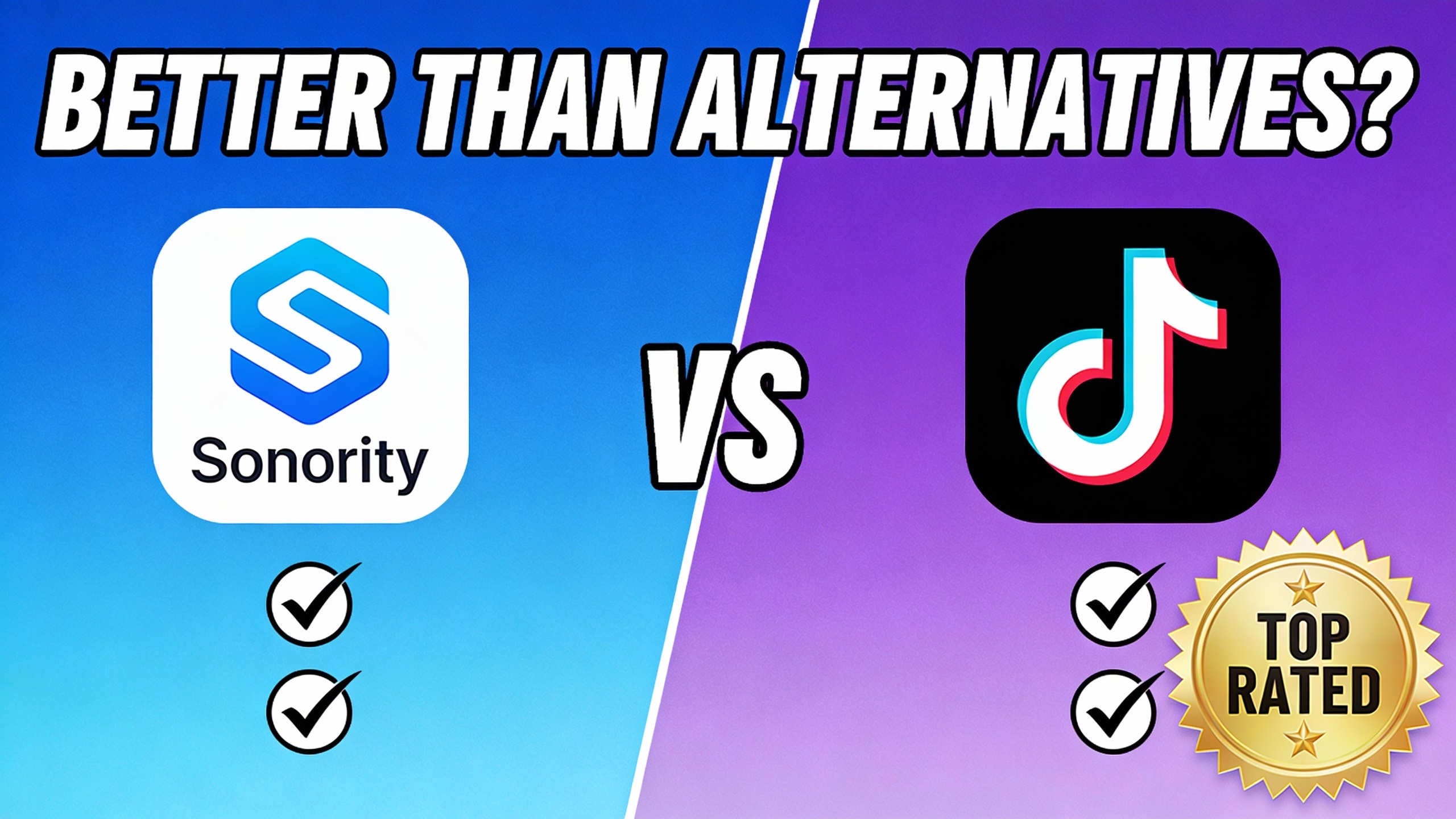 YouTube thumbnail marketing style. Bold text "BETTER THAN ALTERNATIVES?"
Sonority icon vs co