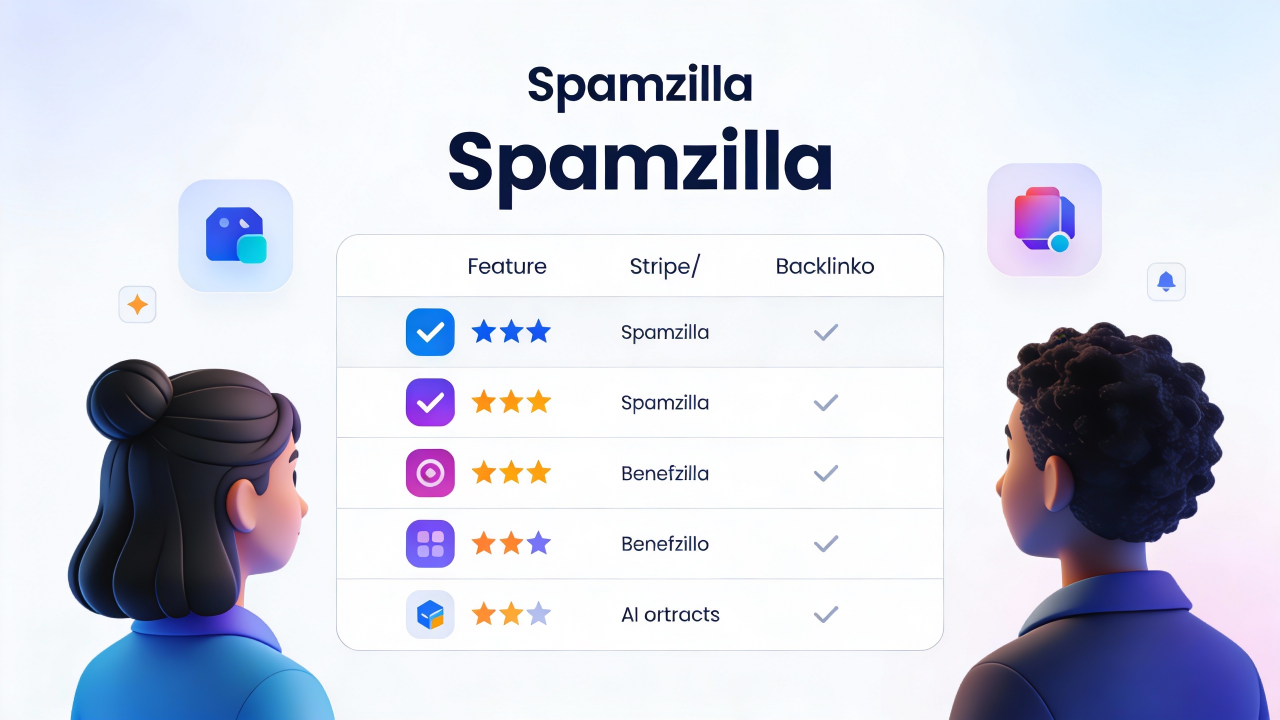 Feature comparison grid for Spamzilla with checkmarks, star ratings, and benefit icons in modern flat design. Multi-color accent scheme.