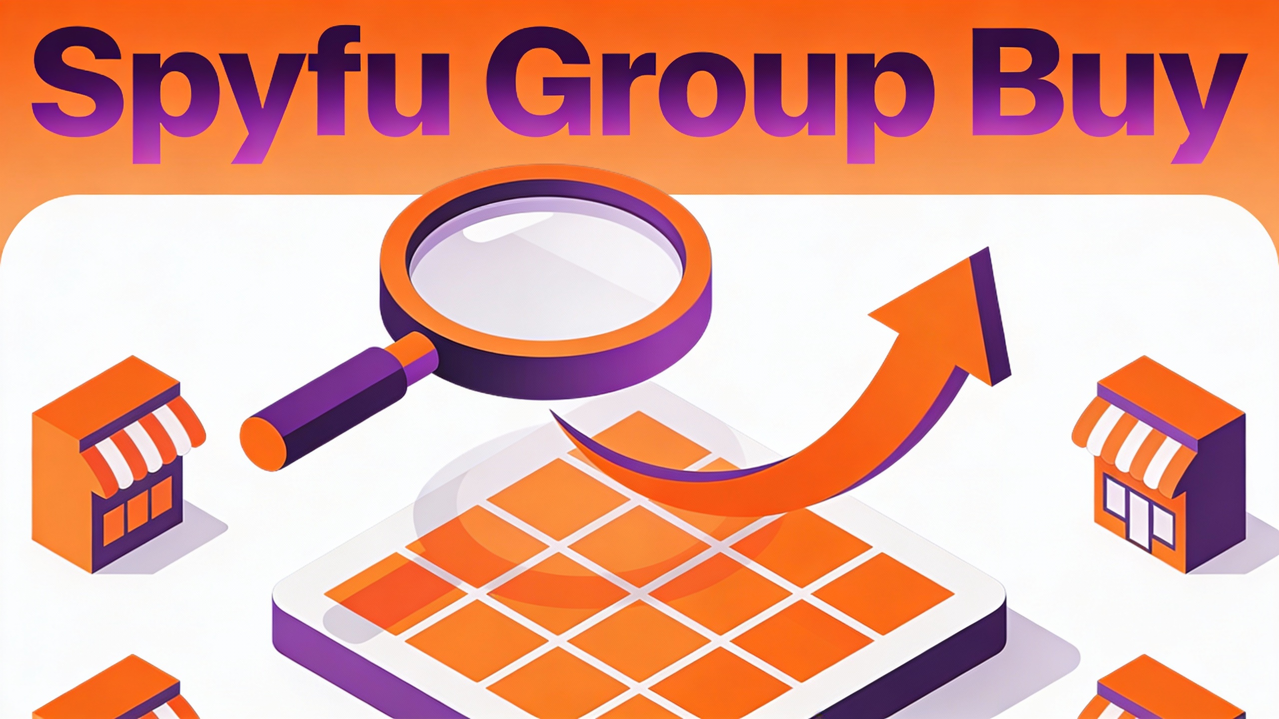 Isometric illustration of e-commerce research workflow: magnifying glass over product grid, trending arrow graphs, competitor store icons. Vibrant orange-purple scheme.