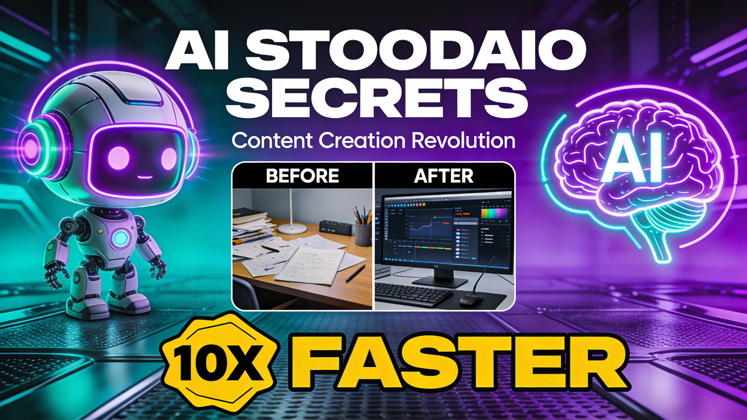 YouTube thumbnail marketing style. Bold text "AI STOODAIO SECRETS".
Robot or AI brain icon w