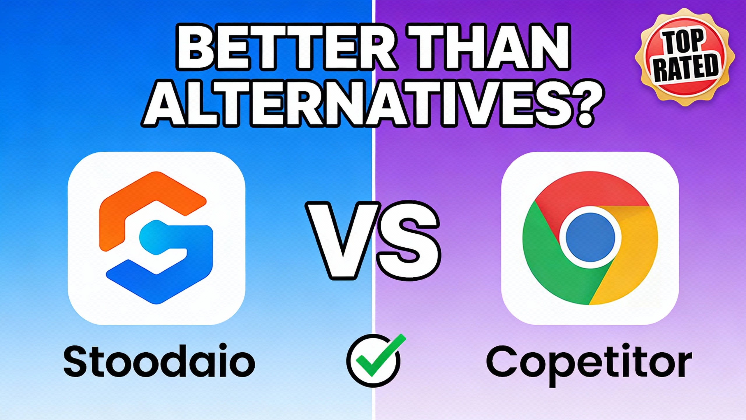 YouTube thumbnail marketing style. Bold text "BETTER THAN ALTERNATIVES?"
Stoodaio icon vs co