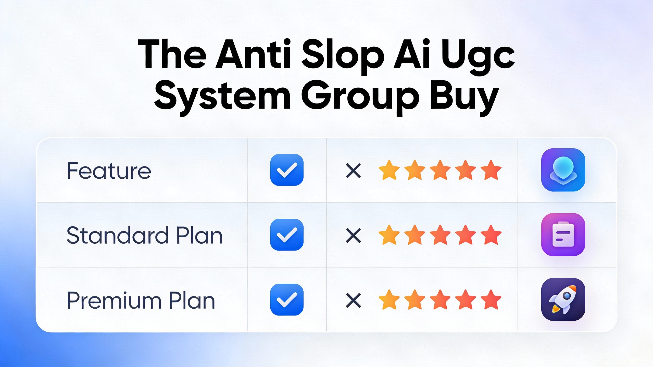 Feature comparison grid for The Anti Slop Ai Ugc System Group Buy with checkmarks, star ratings, and benefit icons in modern flat design. Multi-color accent scheme.