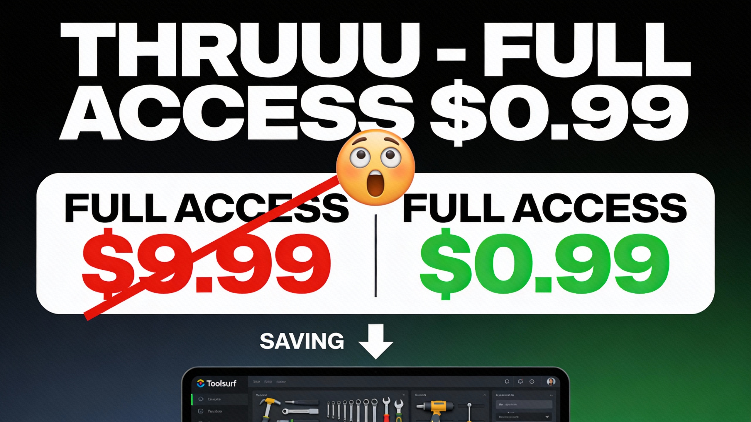 YouTube thumbnail marketing style. Bold white text "THRUUU - FULL ACCESS $0.99".
Split scree