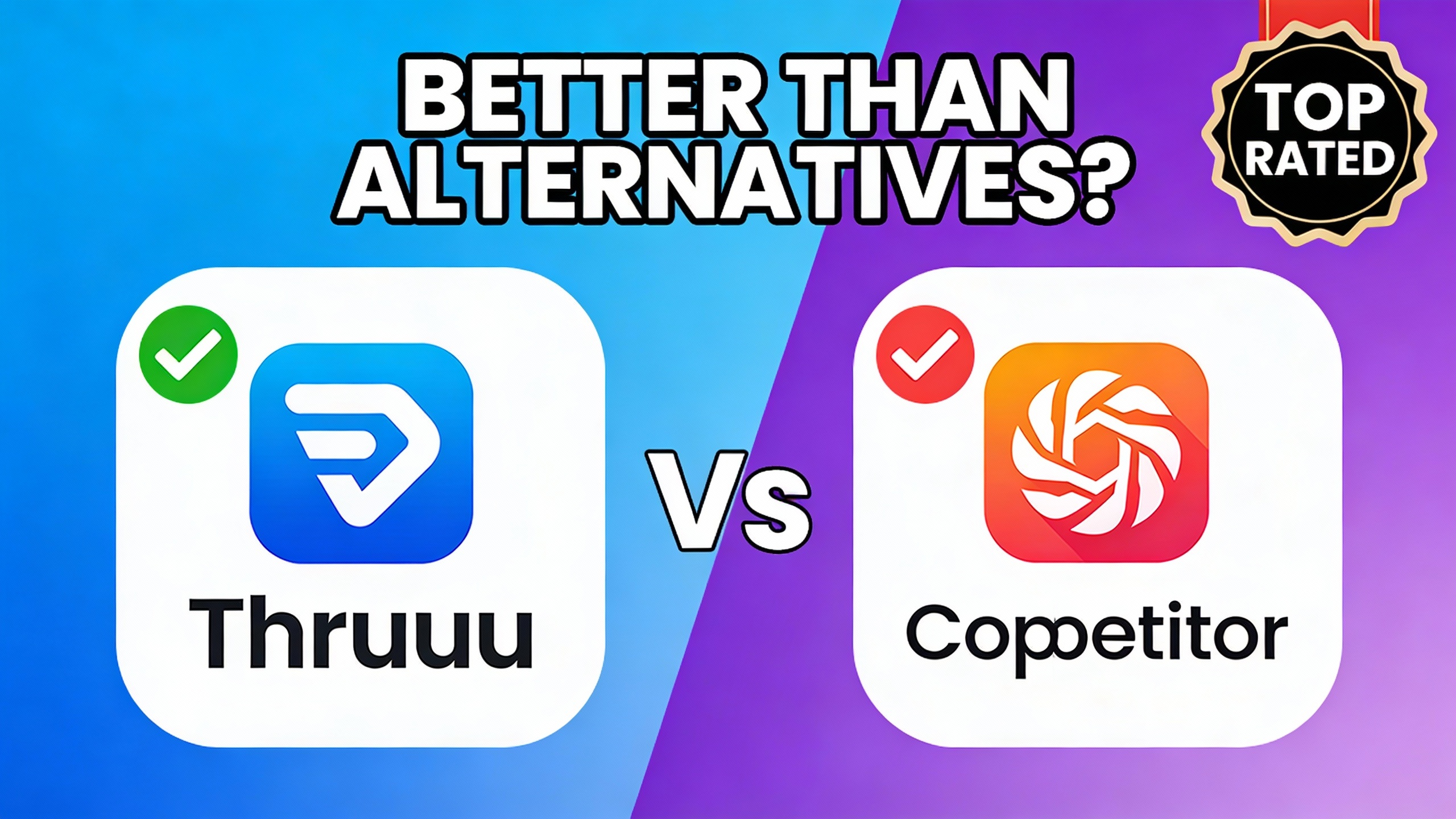 YouTube thumbnail marketing style. Bold text "BETTER THAN ALTERNATIVES?"
Thruuu icon vs comp