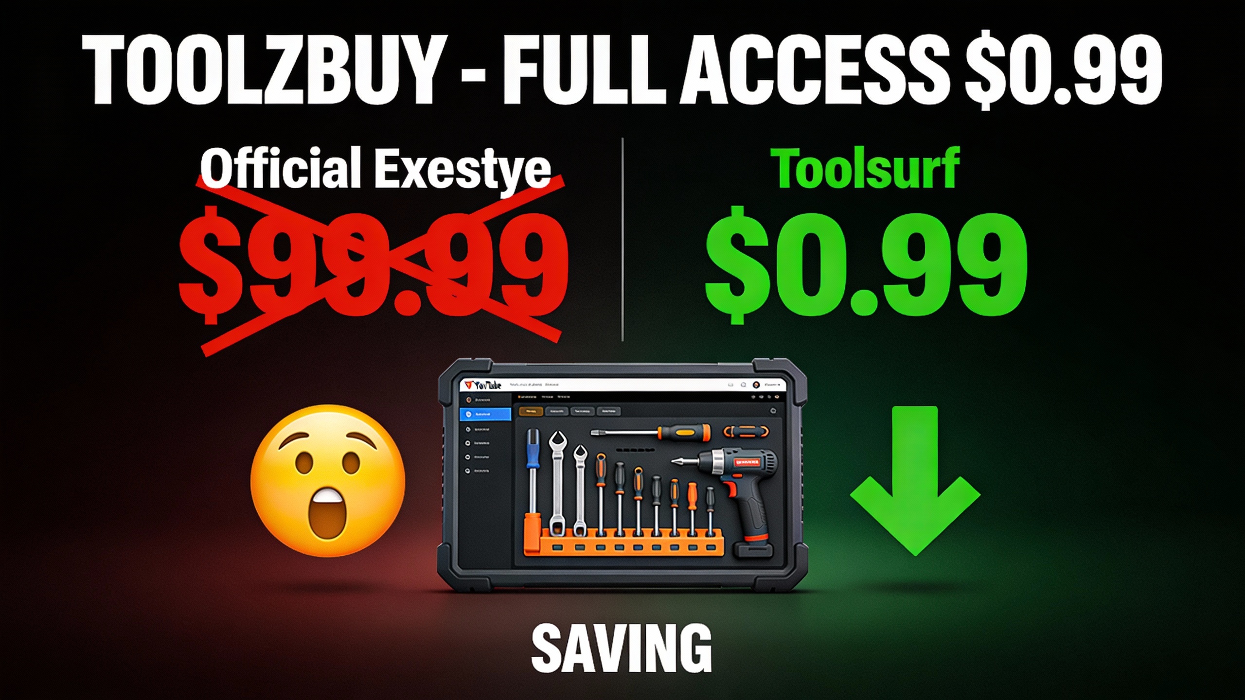 YouTube thumbnail marketing style. Bold white text "TOOLZBUY - FULL ACCESS $0.99".
Split scr