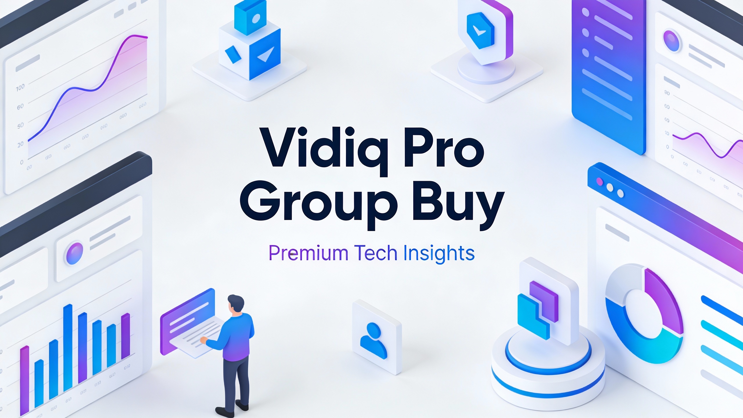 Modern tech platform interface for Vidiq Pro Group Buy with clean UI elements, data visualizations, and workflow icons. Minimalist vector style.