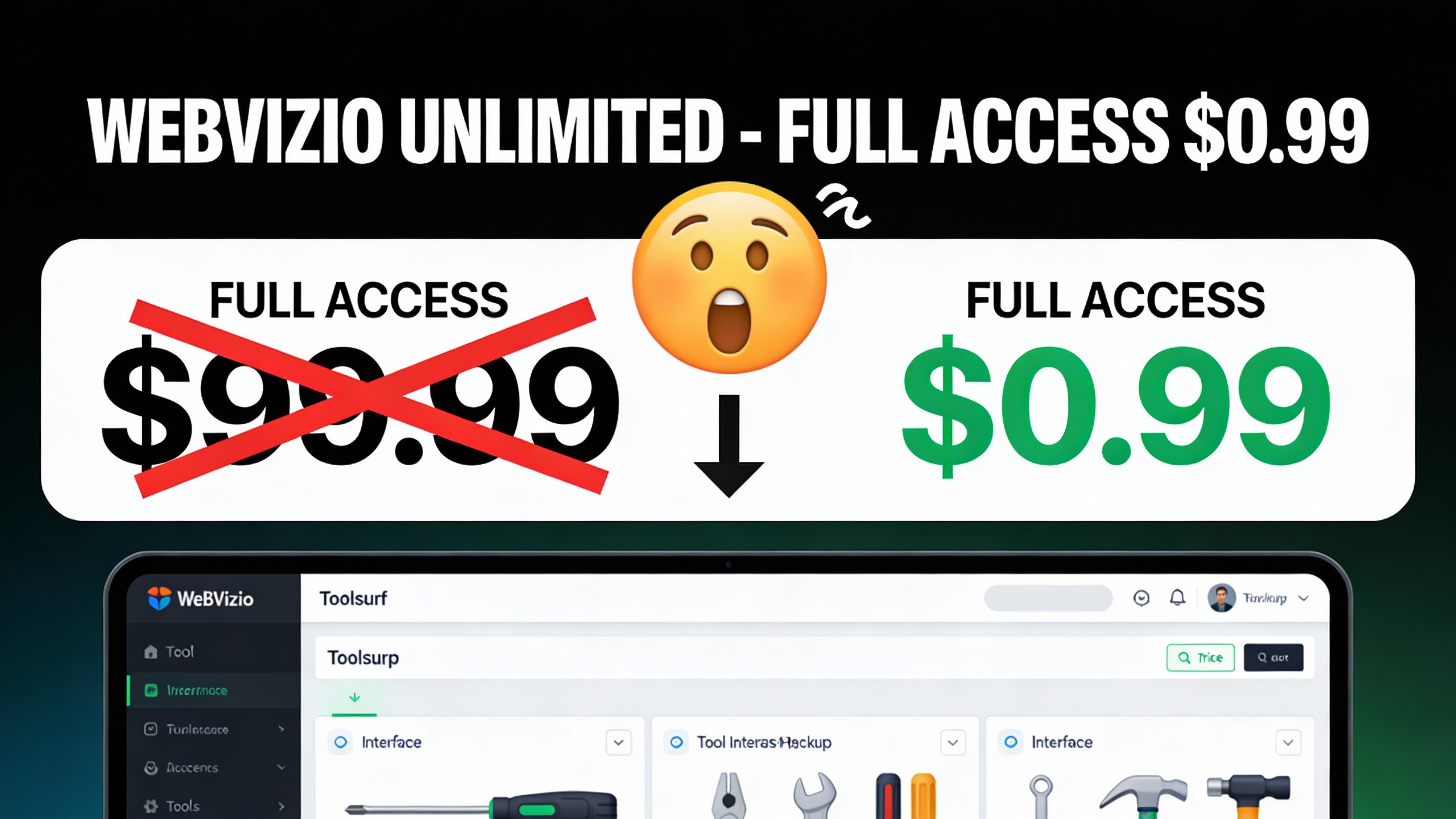 YouTube thumbnail marketing style. Bold white text "WEBVIZIO UNLIMITED - FULL ACCESS $0.99".