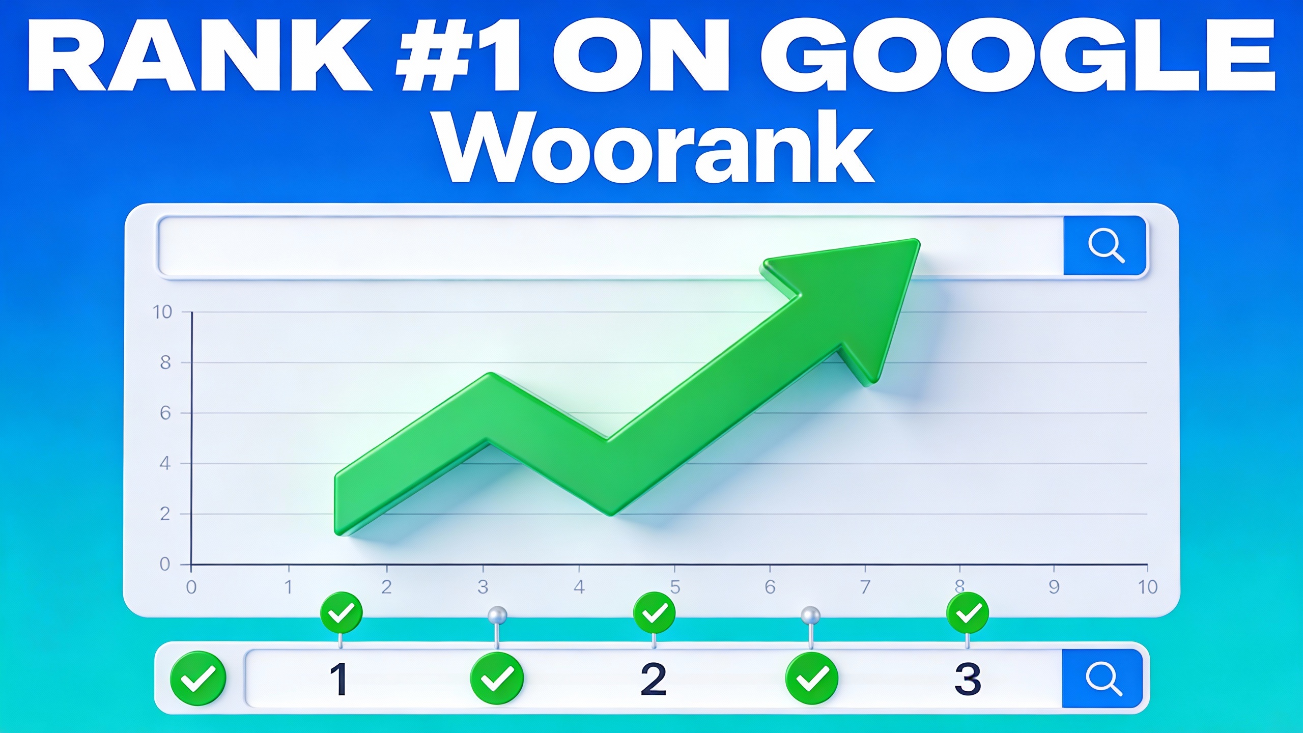 YouTube thumbnail marketing style. Bold text "RANK #1 ON GOOGLE" with Woorank.
SEO graph sho